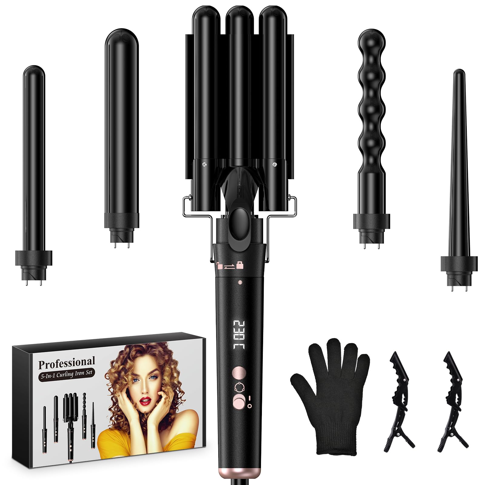 Rizador de Pelo 5 en 1 con 5 Accesorios Intercambiables, Rizador Pelo Ondas, Plancha Ondas de Cerámica, Temperatura Ajustable, Calentamiento Rápido, Rizador Tres Barriles para Rizos y Ondas