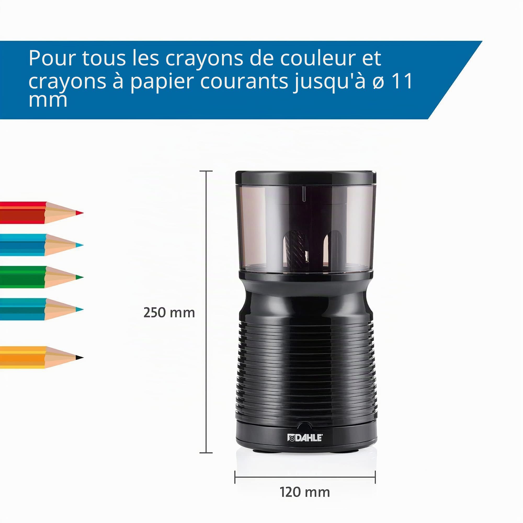 DAHLE Taille-crayon électrique 210 (taille-crayon électrique pour les diamètres de 8 mm à 11 mm, conforme à la normes GS) Noir 20,7 x 10,3 x 10,3