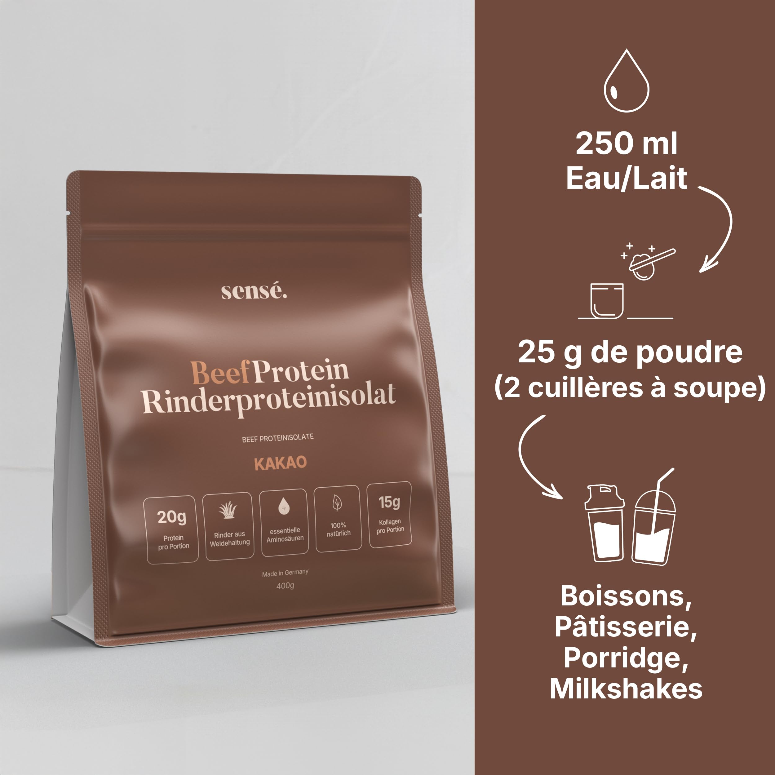 Poudre de protéines de bœuf au cacao 400 g - 100% naturel | 20 g de protéines | 10% de cacao en poudre et d'enveloppes de psyllium | Bioactif | Collagène 1, 2 et 3 | Bouillon d'os de bœuf