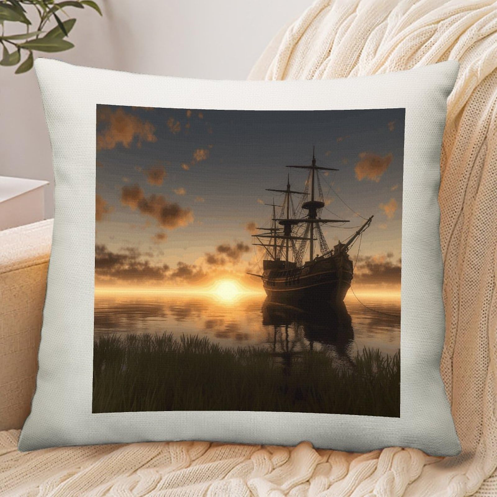 Adfgyerh Style Ship In The Lake Sunset Pillow Cover Breathable,Pillowcases Boho Decorative Envelope Closure,Throw Pillow Covers For Beach,Patio,Balcony,Couch Living Room 18 * 18In