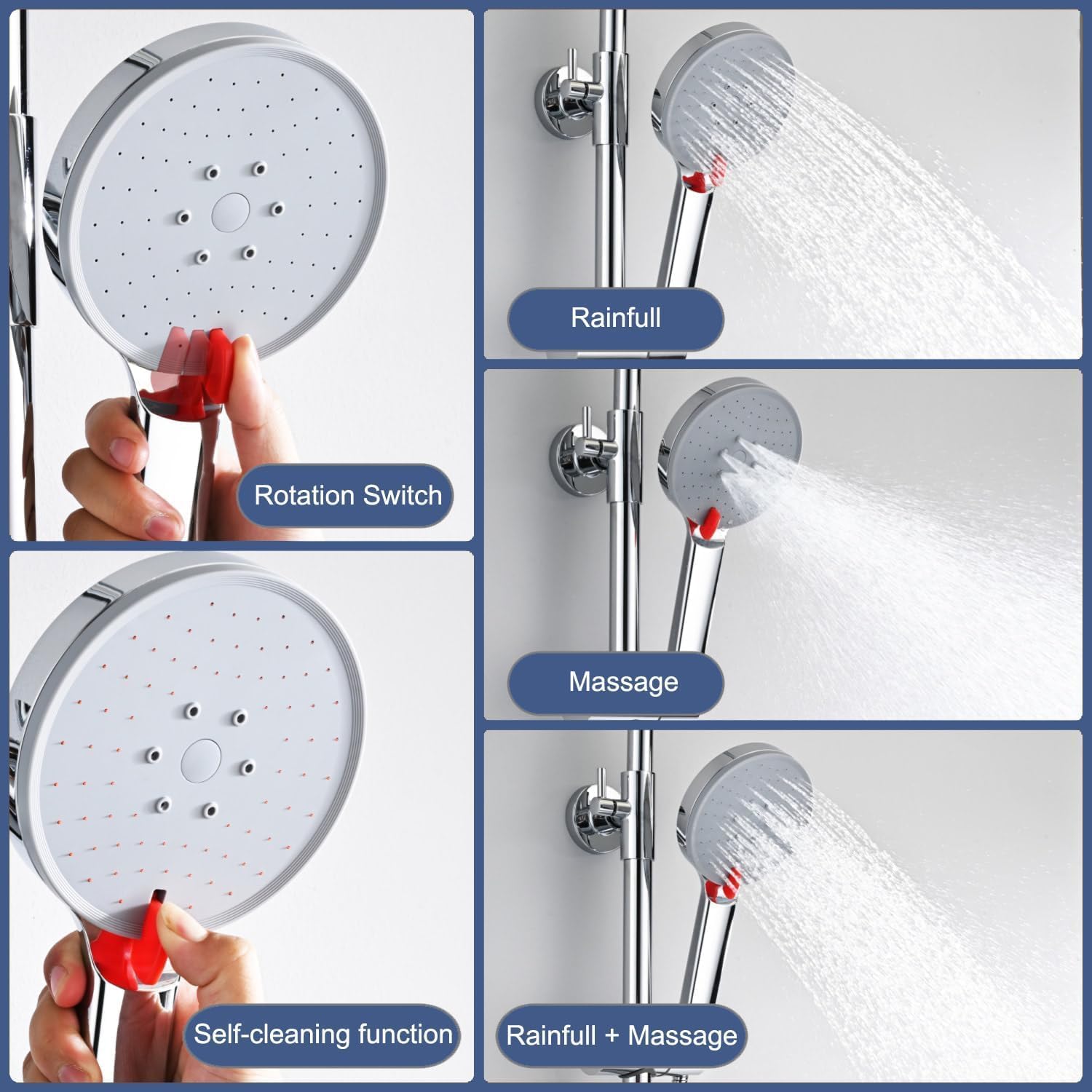 Colonna Doccia Termostatica con Miscelatore, DETBOM Set Doccia in Acciaio Inox 304 - Soffione Pioggia 25cm + Doccetta 3 Jet Autopulente, Kit Completo con Tubo 1.5m e Staffa Regolabile, Rotondo