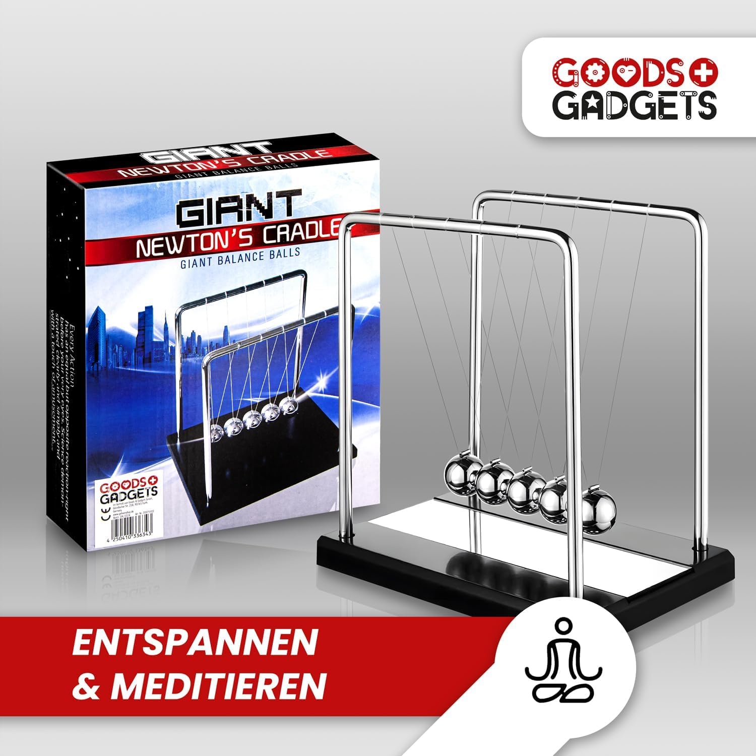 GOODS+GADGETS® Wahadło Newtona 18 cm - Kulkowe Wahadło Biurowe | 5 chromowanych kulek, stal nierdzewna, stalowe liny - klasyczny gadżet biurowy na biurko