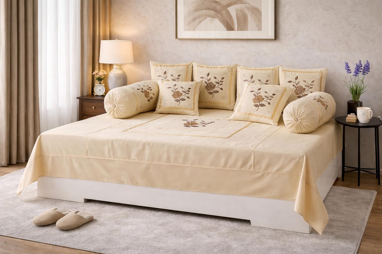 Embroidery Diwan Set 8 Piece Pure Cotton |1Bedsheet (70x100 Inch)+ 2 Bolster Covers+ 5 Cushion Covers | Cotton Divan Set | Diwan Bedsheet Single Bed | Living Room Set, Vanilla Elegance-image-13