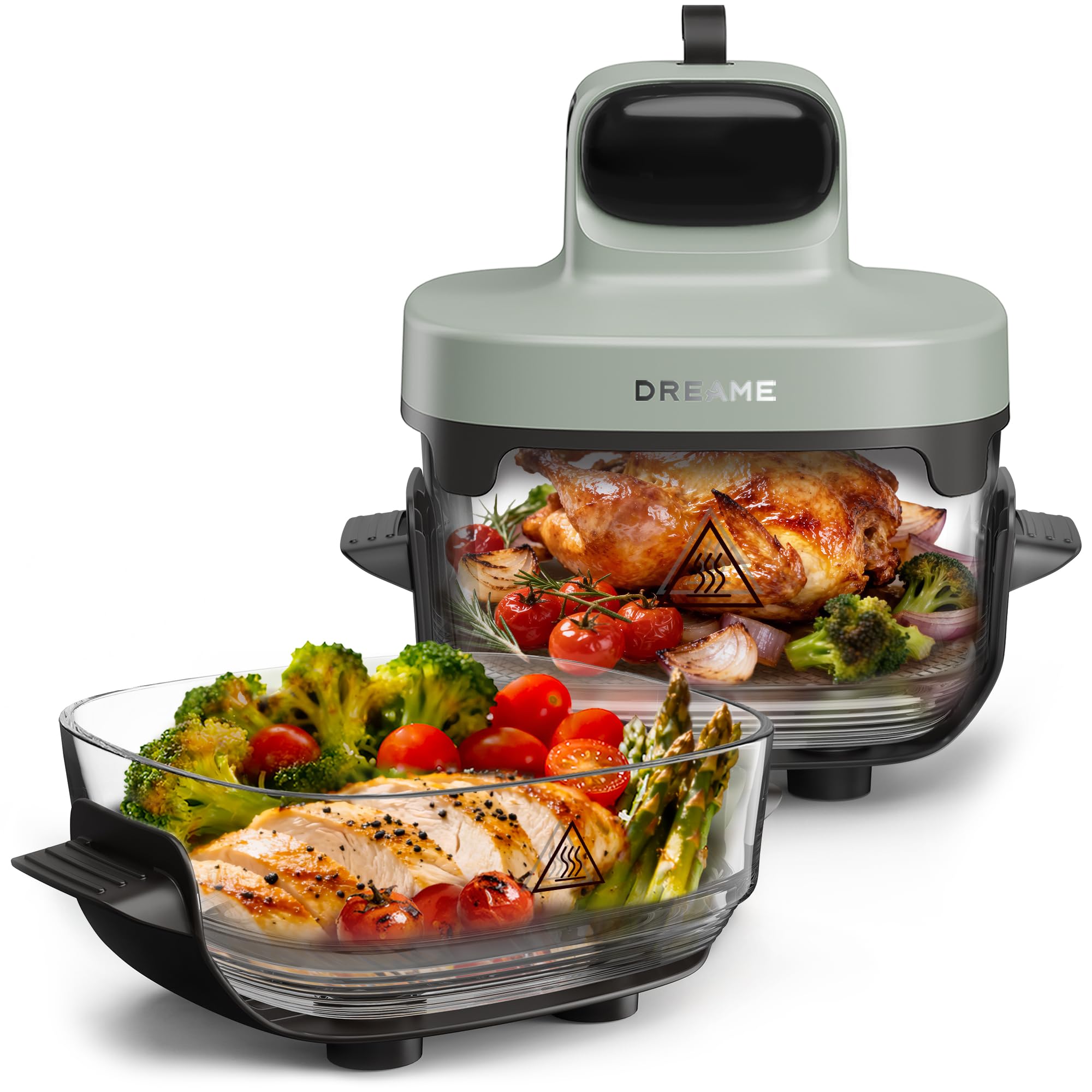 DREAME Tasti Friteuse à air en verre portable 5 en 1, 2,5 L + 4,5 L | 2 cuves, cuisson sans huile, rôtir, griller, réchauffer, maintien au chaud, verre résistant, vue à 360°