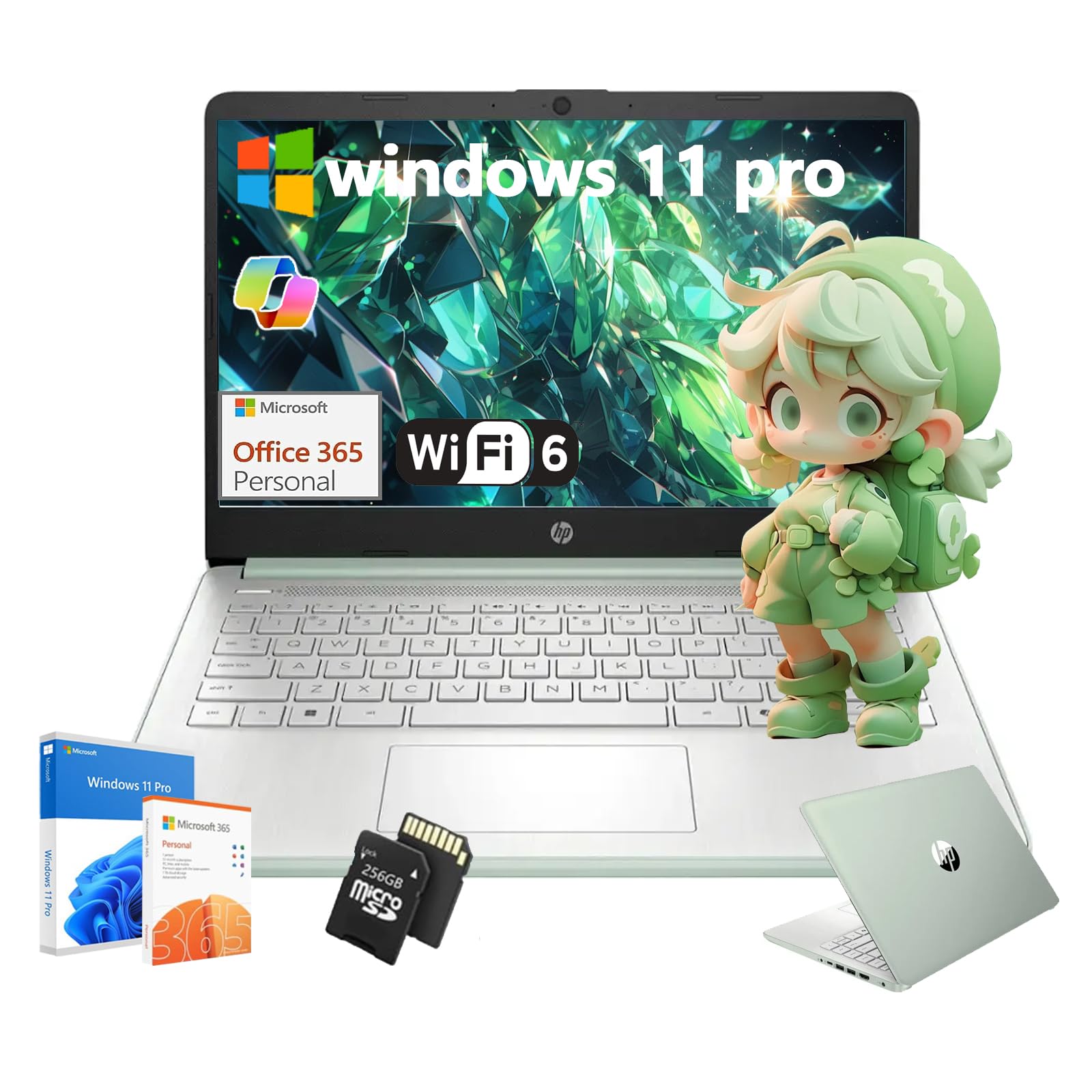 Flagship Everyday Laptop Computer - Intel Quad-Core (up to 3.4GHz) • Lightweight • w/128G SD Card for Student & Business • Win 11 Pro & AI-Powered • 16G RAM • 128G UFS • Green