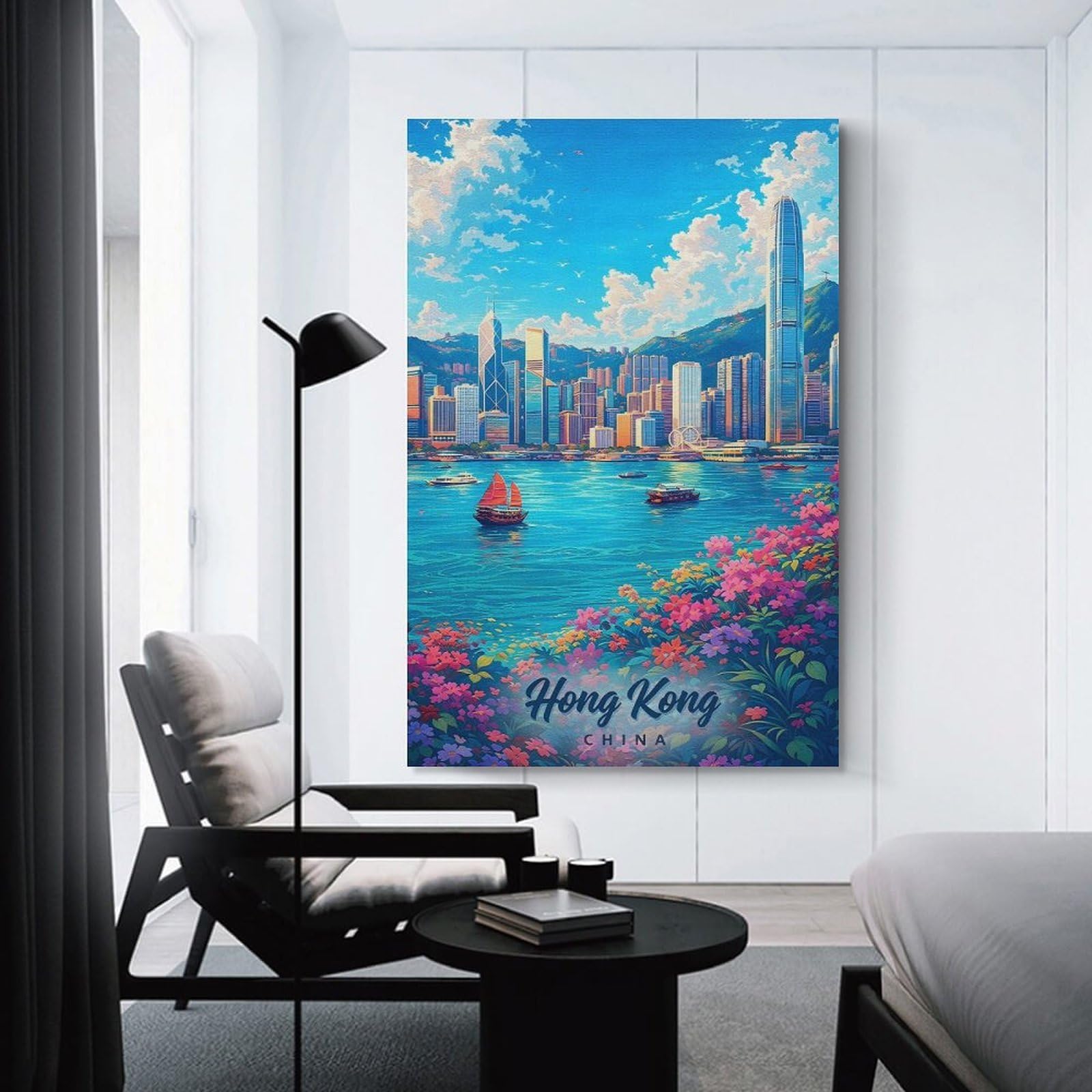 Junmoney Hong Kong Skyline with Flowers Home Decor Wall Art, 24x36inch(60x90cm), for Lounge, Bedroom Or Personal Spaces, Thoughtful Wall Decor for Art Lovers