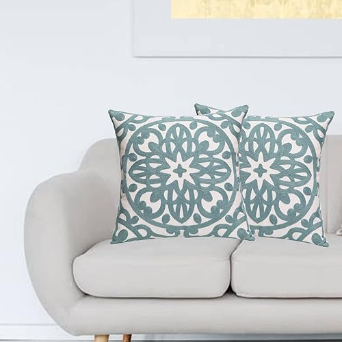 Miniatura 7 de Juego de 2 fundas de almohada decorativas bordadas, estilo bohemio, lona de algodón, para patio, sofá, sala de estar, 18 x 18 pulgadas (18 x 18