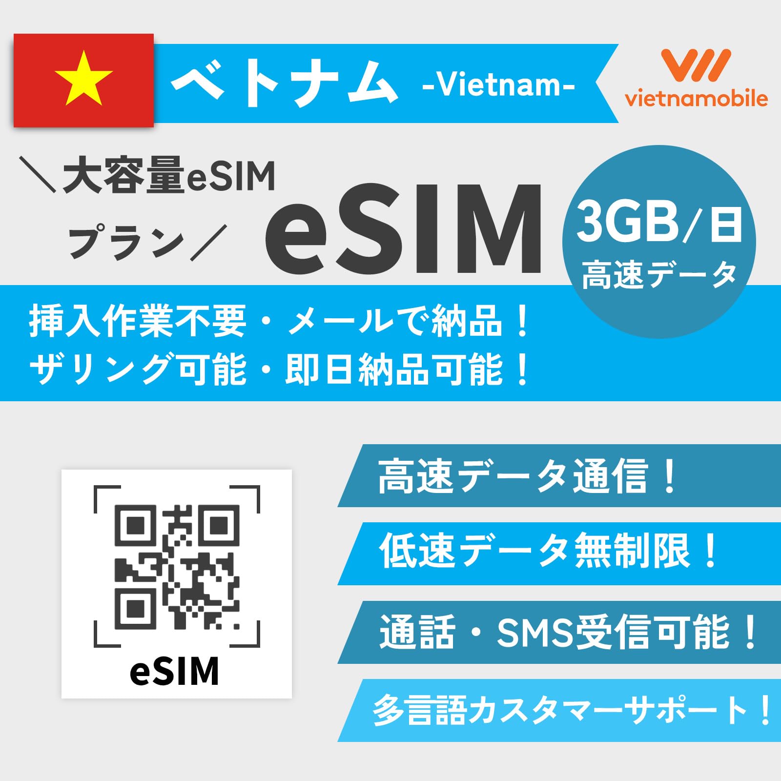 【n07t08さま専用ページ】 24時間内QR送信】ベトナム eSIM 無制限 7日間 ビナフォン正規品