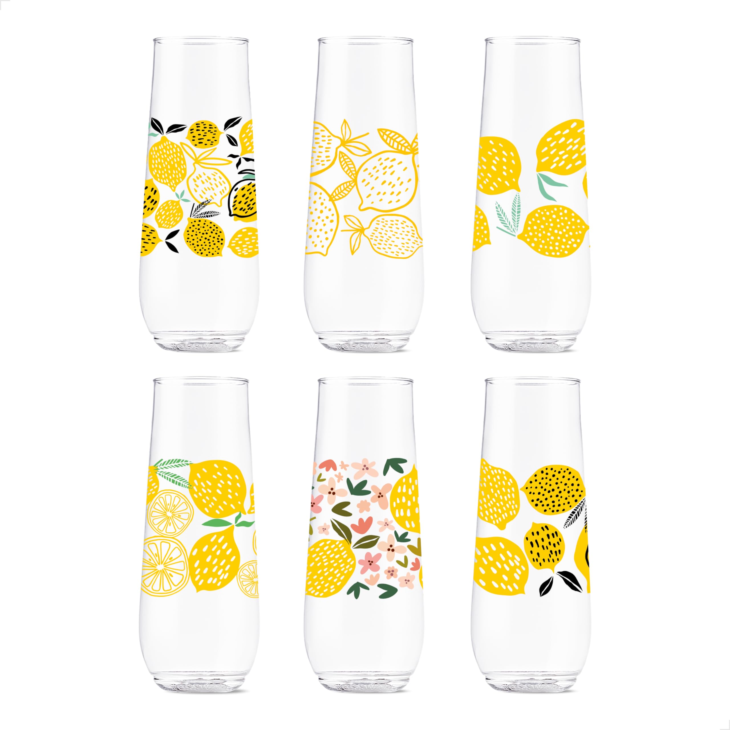 TOSSWARE POP 9oz Flute Limoncello Series, SET OF 6, Premium Quality, Recyclable, Unbreakable & Crystal Clear Plastic Printed Glasses