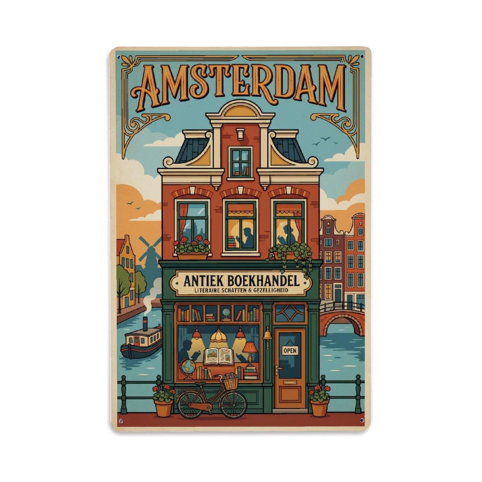 Vintage Travel Bookshop Netherlands Reading Metal Tin Sign Plaque Wall Decor for Cafe, Club Bar, Office, Home Garden Metal Poster 8x12Inch