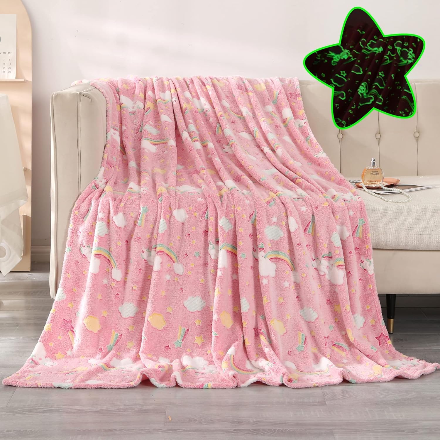 THESTORYBOX Glow in The Dark Blanket Kids-Teens Boys & Girls Travel Lightweight Throw Blankets Soft & Fluffy for Kids (Pink-Rainbow)-picture-15
