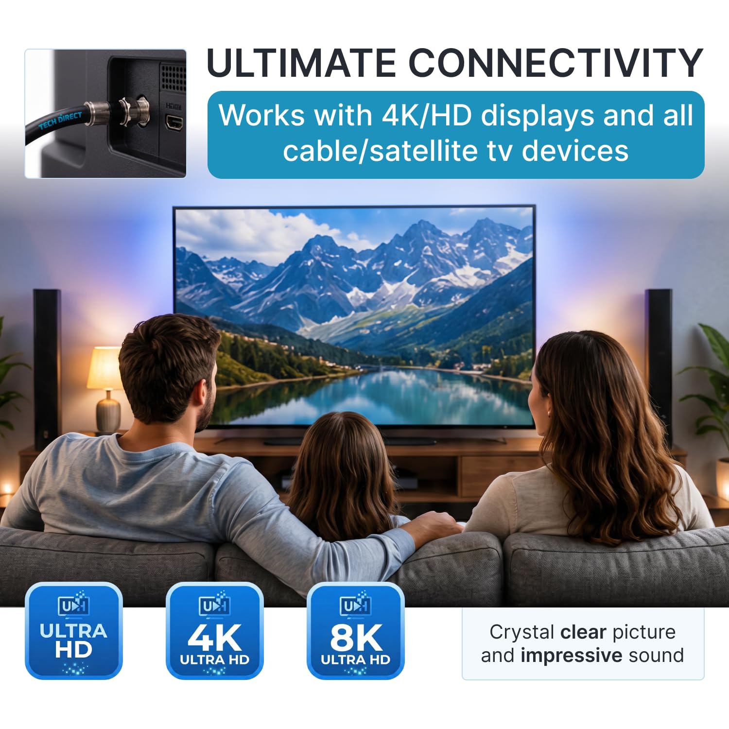 Cavo coassiale TechDirect da 6,5 m, nero, ad alte prestazioni e bassa resistenza, RG6, cavo coassiale per TV, antenna, Internet e satellitare, cavo TV a bassa perdita con connettori, cavo RG6 extra