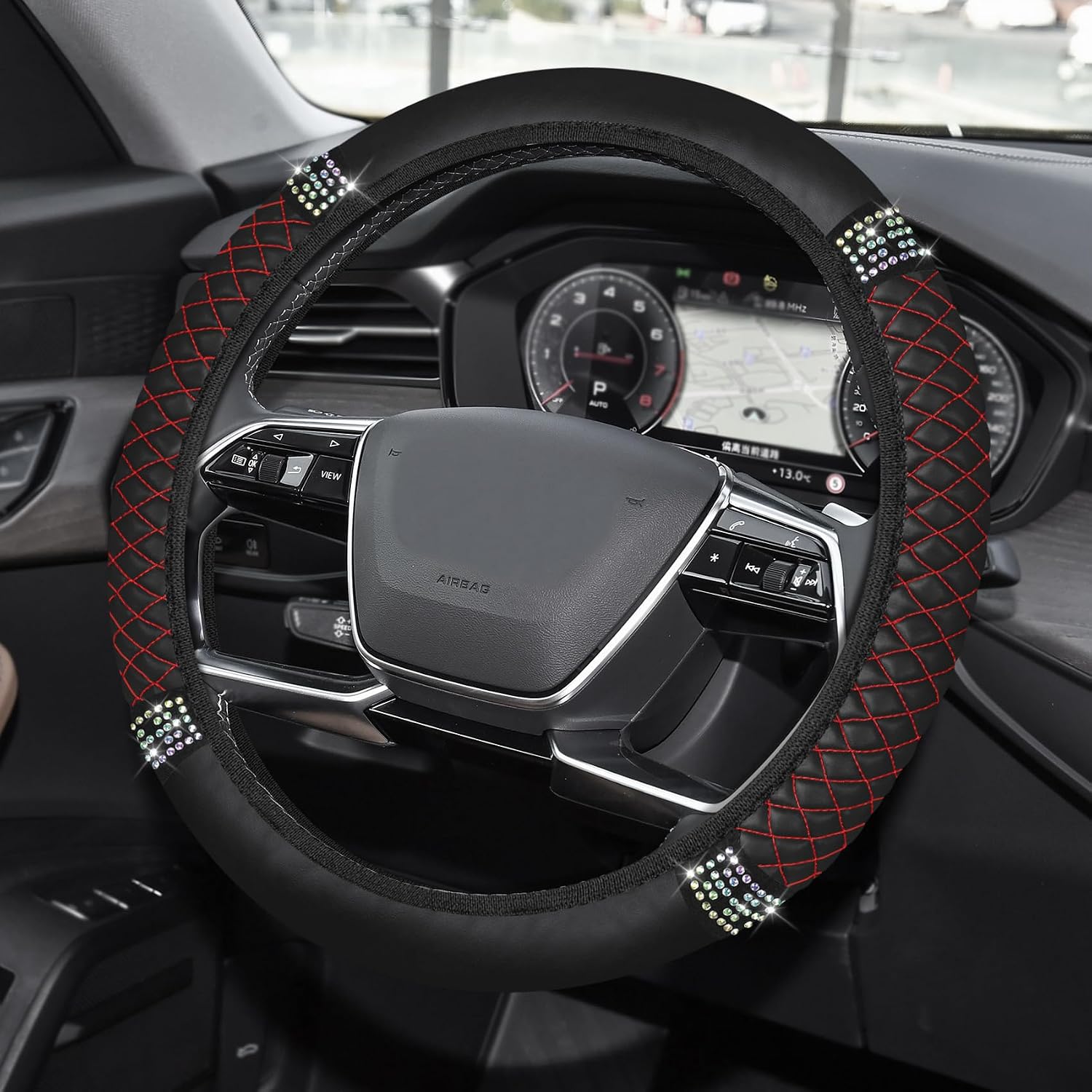 Bling Car Steering Wheel Cover, Anti-Slip Diamond Leather, Rhinestones Soft Leather Steering Wheel Protector, Bling Car Accessories for Women
