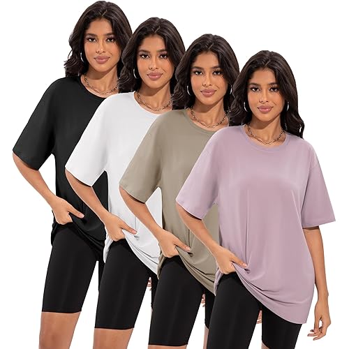 4 Pack Oversized Tshirts for Women, Loose Fit Crew Neck Summer Baggy Tops Workout Tees Plus Size T Shirts