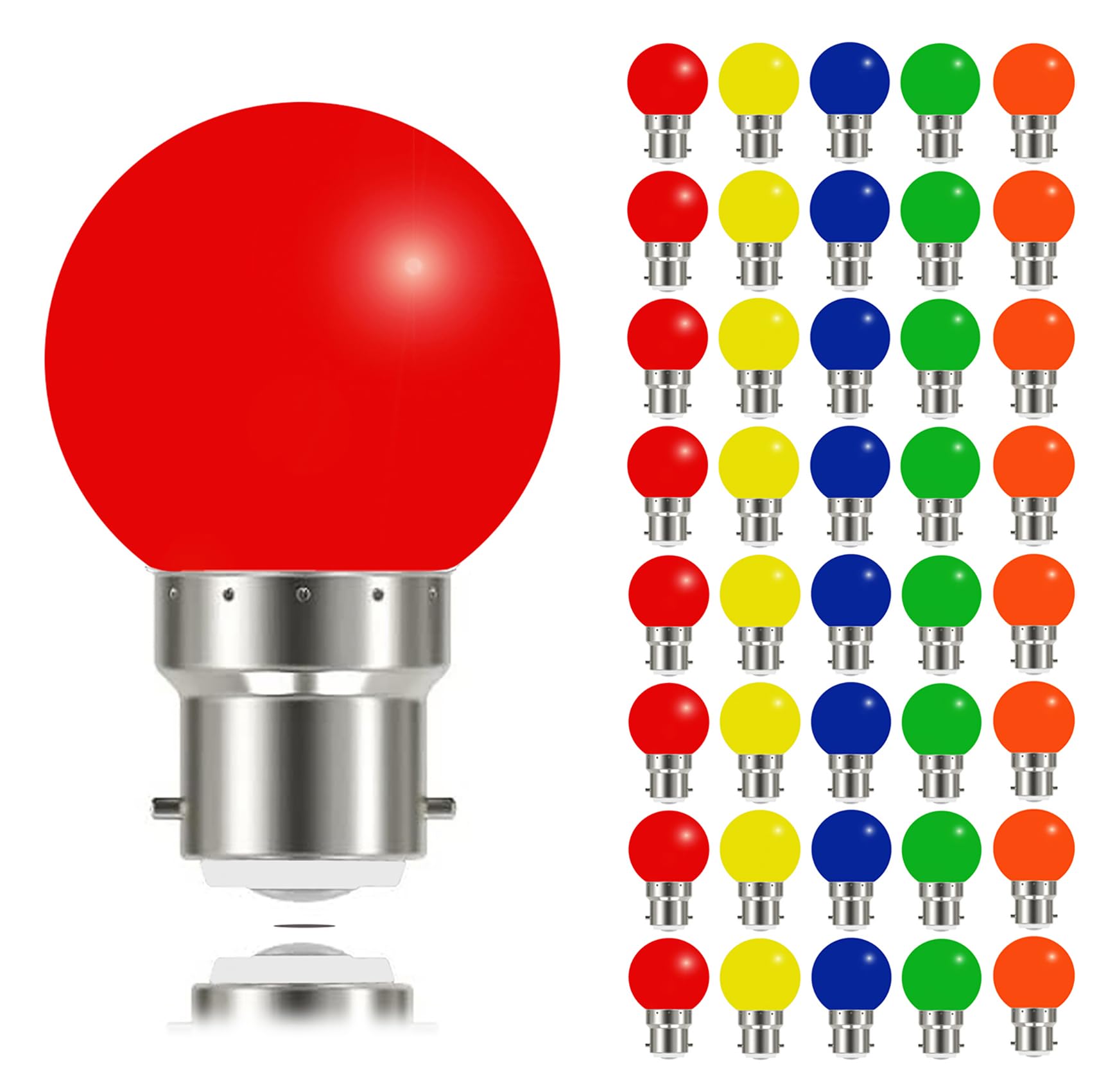 Lot de 40 ampoules colorées à baïonnette B22 3 W, 220 V, intensité non variable, couvercle en plastique, ampoules multicolores pour extérieur, intérieur, fête, mariage, bar, vert, orange)