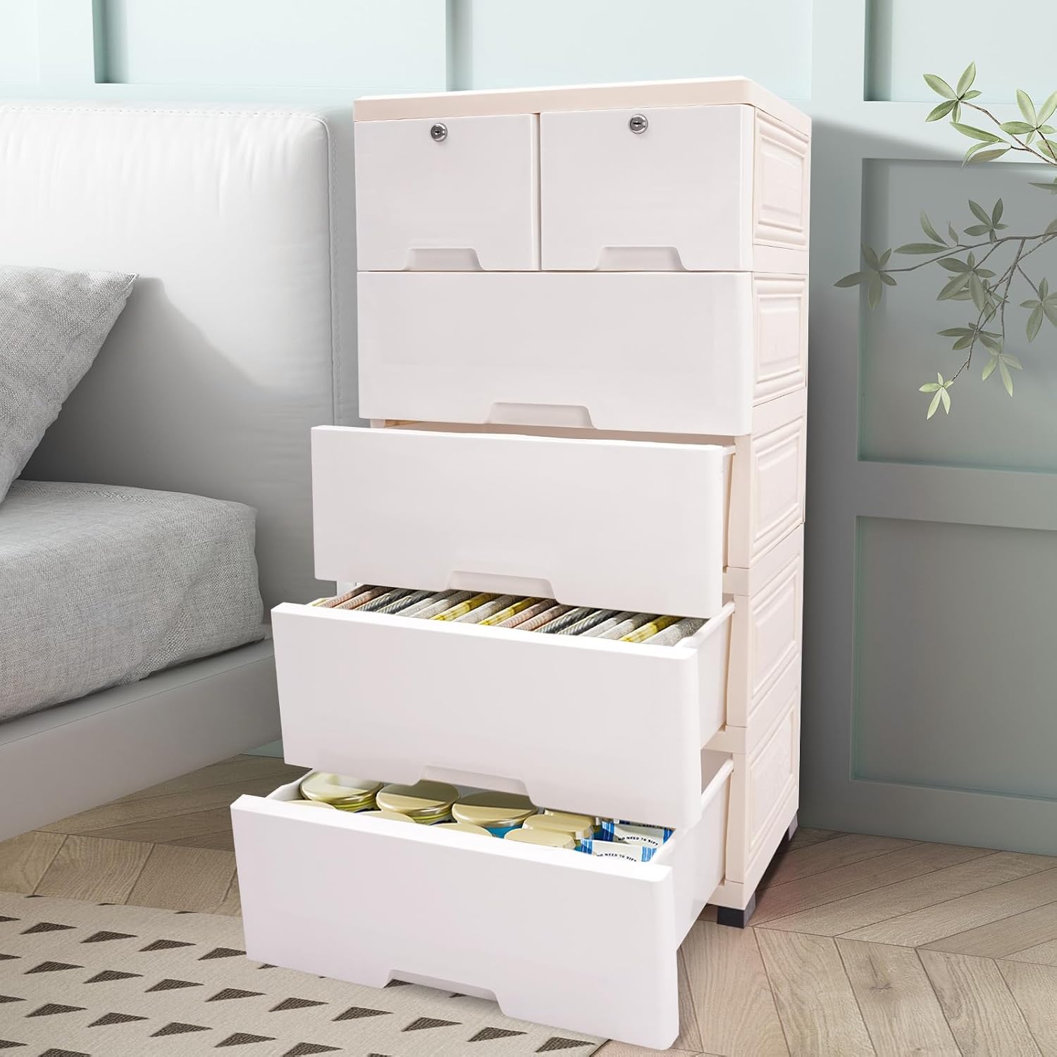 6 Drawers Bedroom Dresser, Dresser Storage Cabinet Tower Clothes Organizer, Plastic Drawers Dresser Large Capacity Storage Cabinet Loading 44.09-66.13 lbs for Bedroom, Hallway, Entryway（White）
