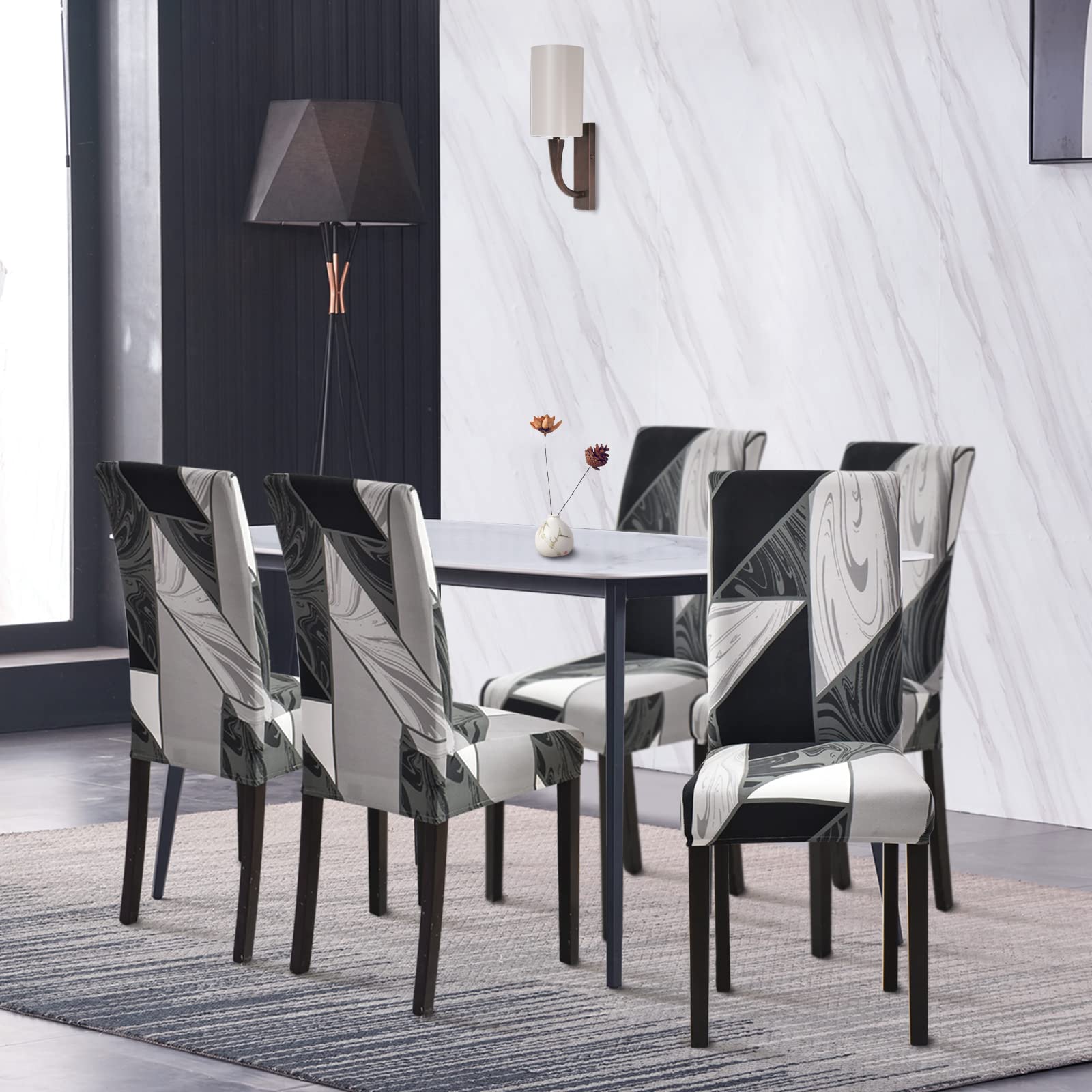 Lydevo Coprisedie con Schienale 6 Pezzi Elasticizzato,Coprisedia per Sala da Pranzo,Fodere Sedie con Schienale Alto Lavabile Rimovibile Universale,Spandex Copertura per Sedia Soggiorno,Geometria Nera