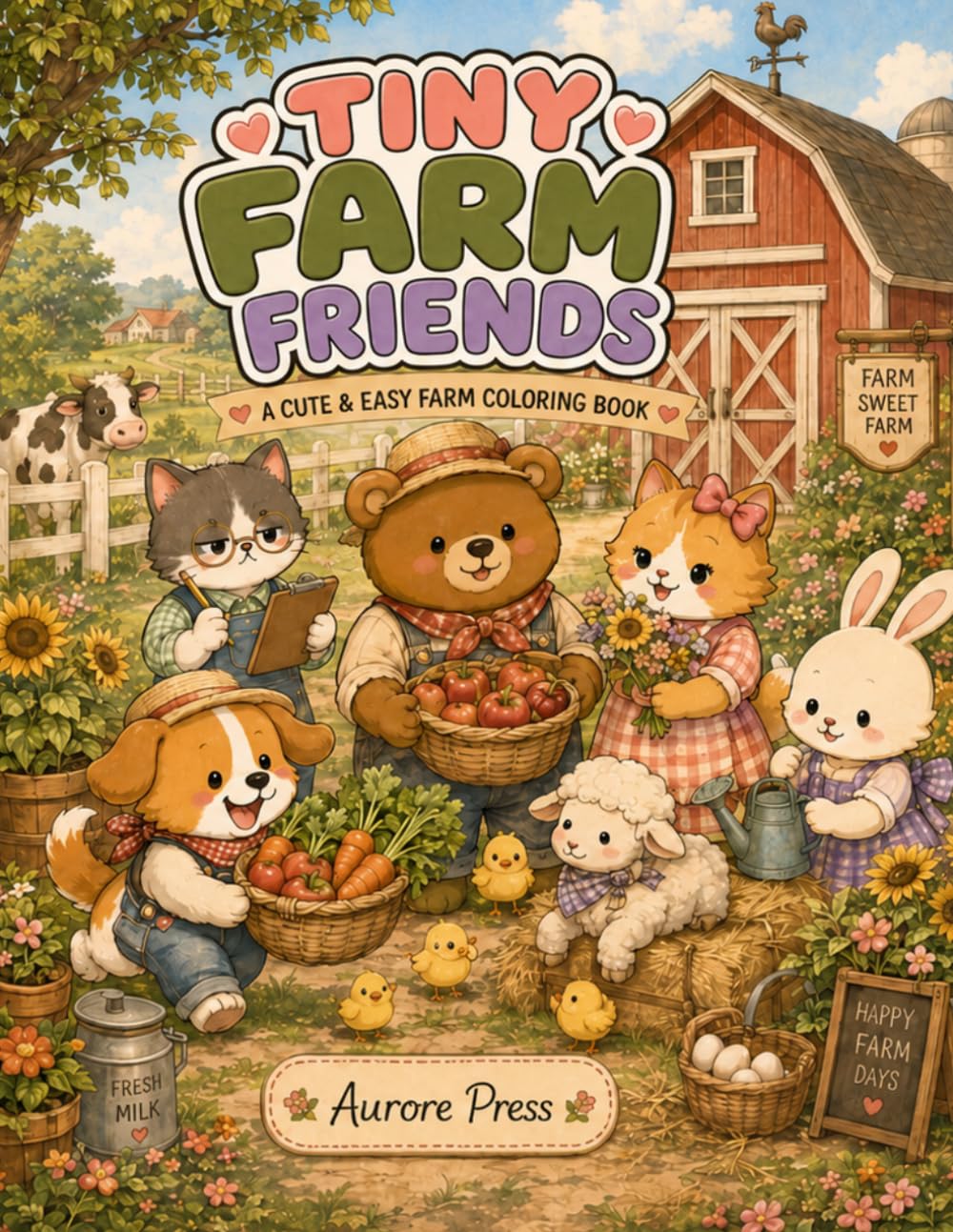 TINY FARM FRIENDS: Cute Kawaii Farm Animal Coloring Book for Stress Relief for Adults, Teens and Kids