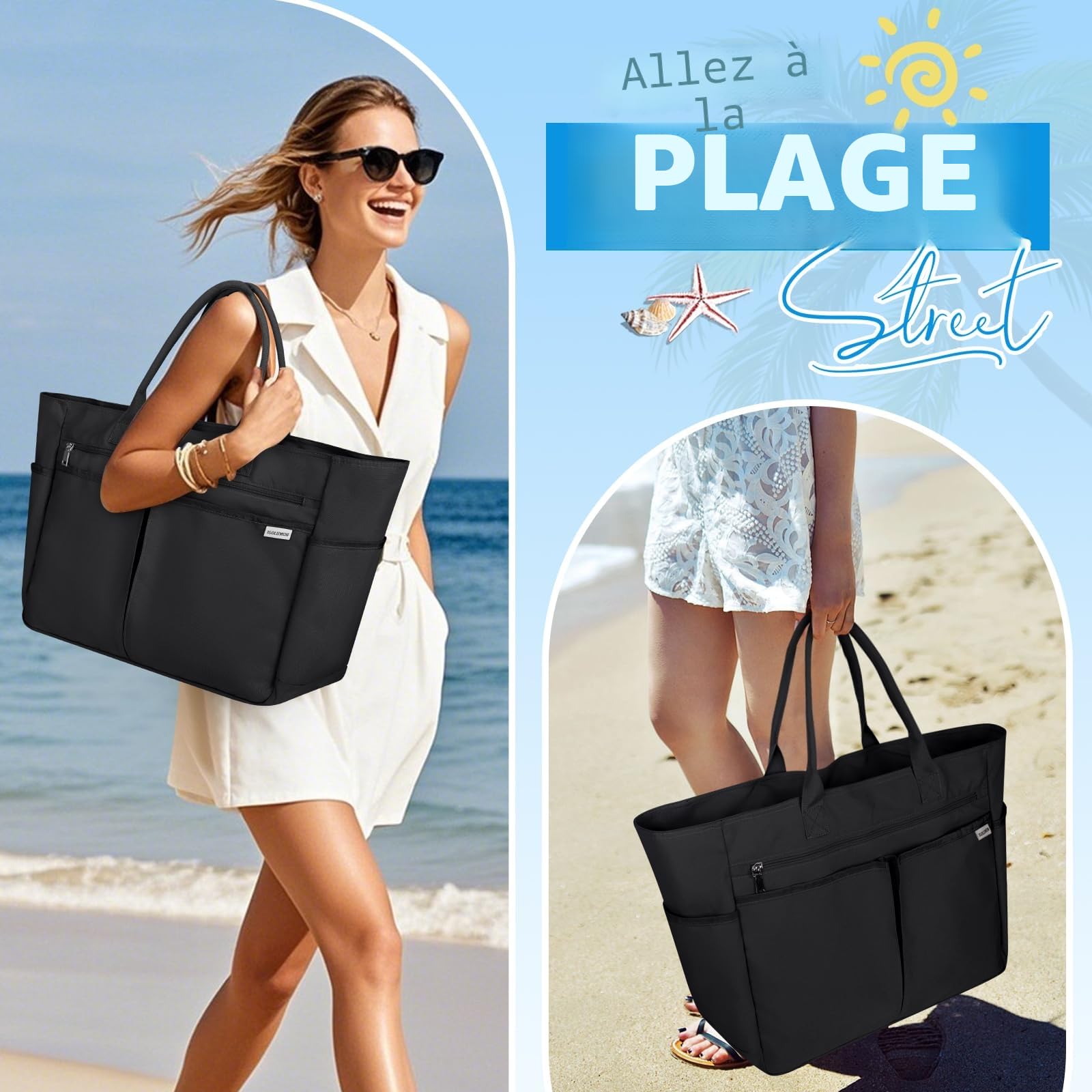 IGOLUMON Grand Sac de Plage Femme XXL 40L Sac Cabas Plage avec Fermeture Éclair Imperméable Tote Bag Pliable Grande Capacité Sac Shopping pour Plage Voyages Gym Piscine Noir