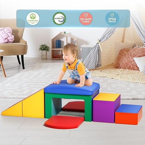 Miniatura 4 de Bloques de escalada de espuma para niños pequeños, 6 piezas de juguetes de escalada suaves, juego de espuma para gatear y escalar con túnel, patio