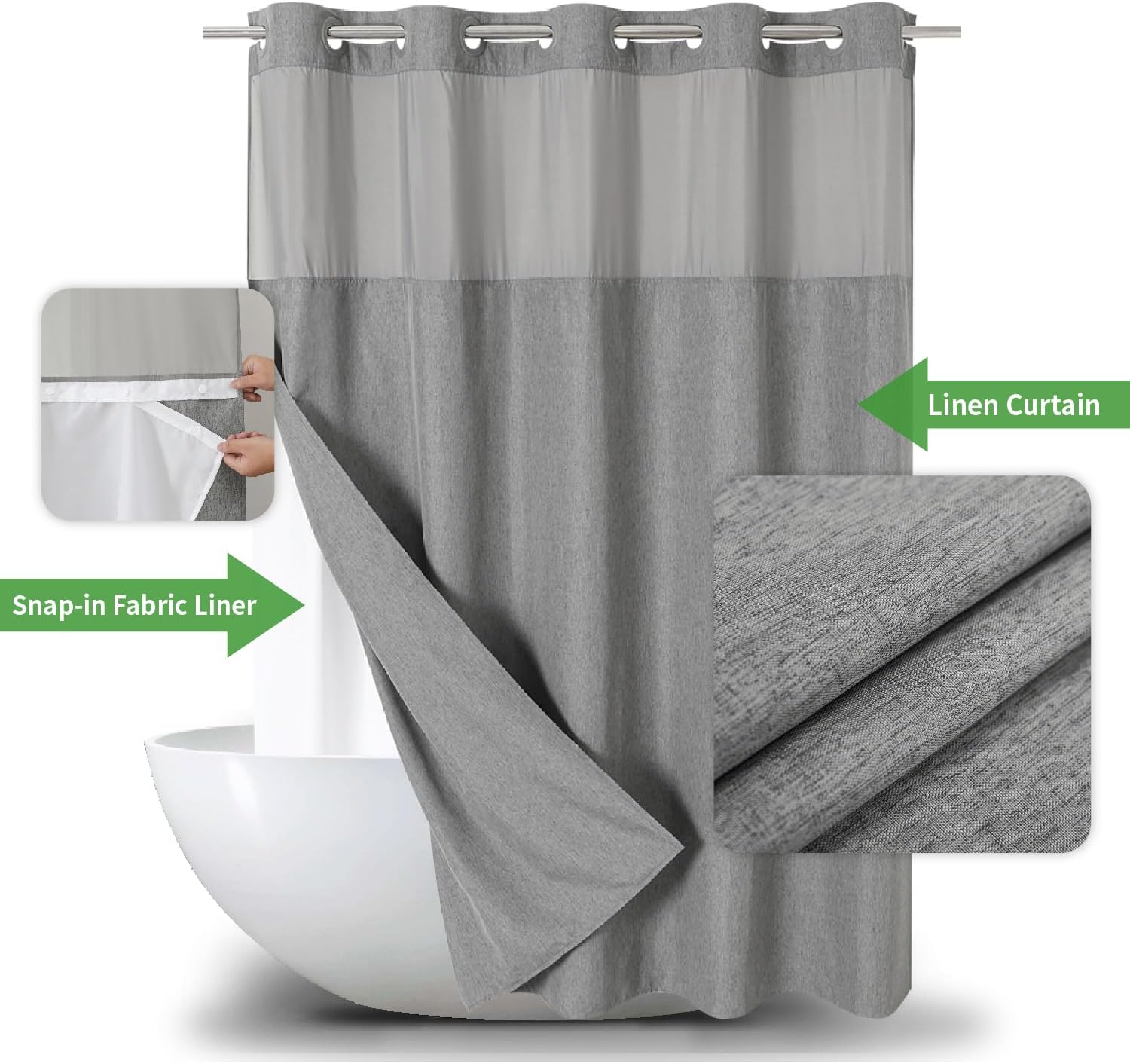 No Hooks Needed Linen Textured Shower Curtain with Snap-in Fabric Liner Set,Grey Hotel Luxury Decor Shower Curtains for Bathroom,Waterproof & Washable,71Wx77H