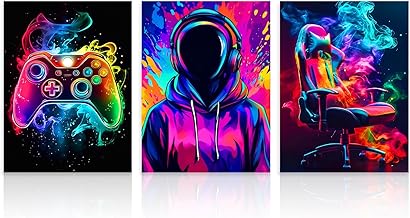 Dazzlewall Juego de 3 Piezas de Arte de Pared Neón para Gamers, Pósters Vibrantes de Humo para Gaming para Decoración de Sala de Juegos o Dormitorio de Niños, 12x16 Pulgadas Sin Enmarcar