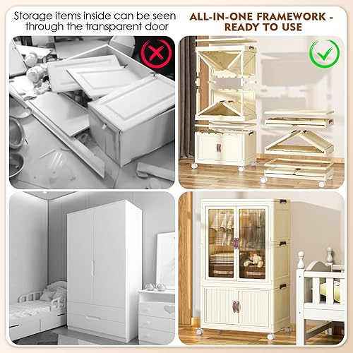 Miniatura 4 de Ceinun Armario con cubos de almacenamiento y barra para colgar, armario de dormitorio apilable y plegable para apartamento, armario de 1 nivel y