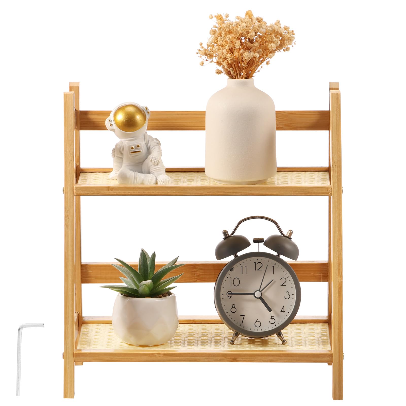 BOBASH 2-Tier Rattan-Look Coffee Station Organizer, Bamboo Mug Holder Countertop Display Stand, Rattan-Style Condiment Storage Caddy Rack for Kitchen Counter, Home Tea Bar & Office Desk (27cm / 35cm)