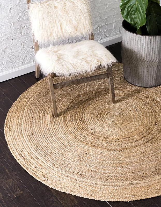 Image of Festive Textile Jute Braided Natural Rug Hand Woven & Reversible for Living Room Kitchen Entryway Rug, Jute Burlap Braided Rag Rug, Farmhouse Rag Rug, Rustic Rug Jute Carpet for Living Room