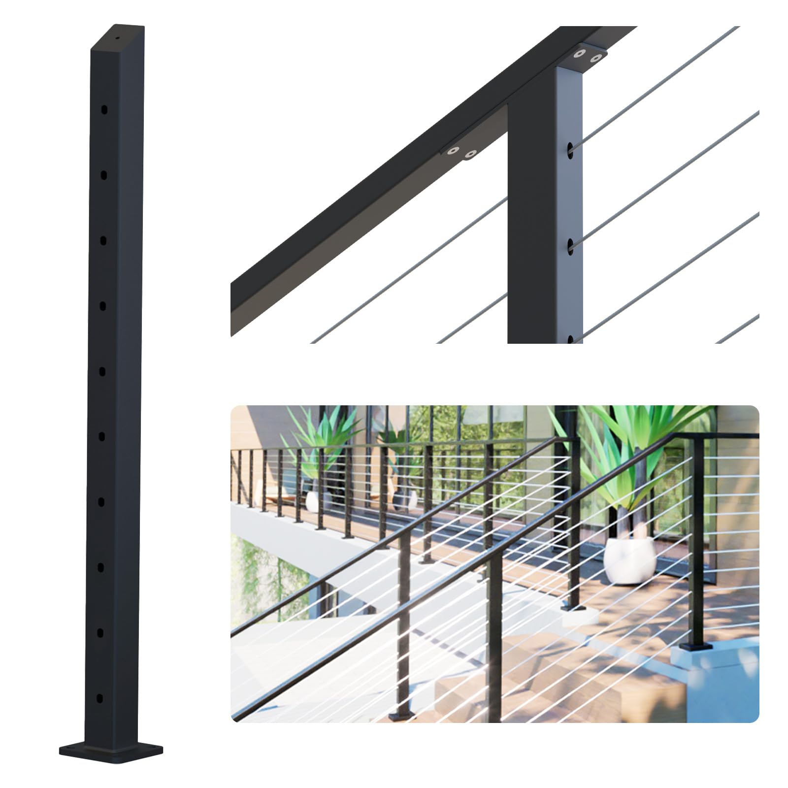 Dawn Railing 36” Heavy-Duty Cable Railing Post, 36”x2”x2” High Strength Steel Stair Middle Post with 33° Bevel Drilled Holes, Black Powder Finishing