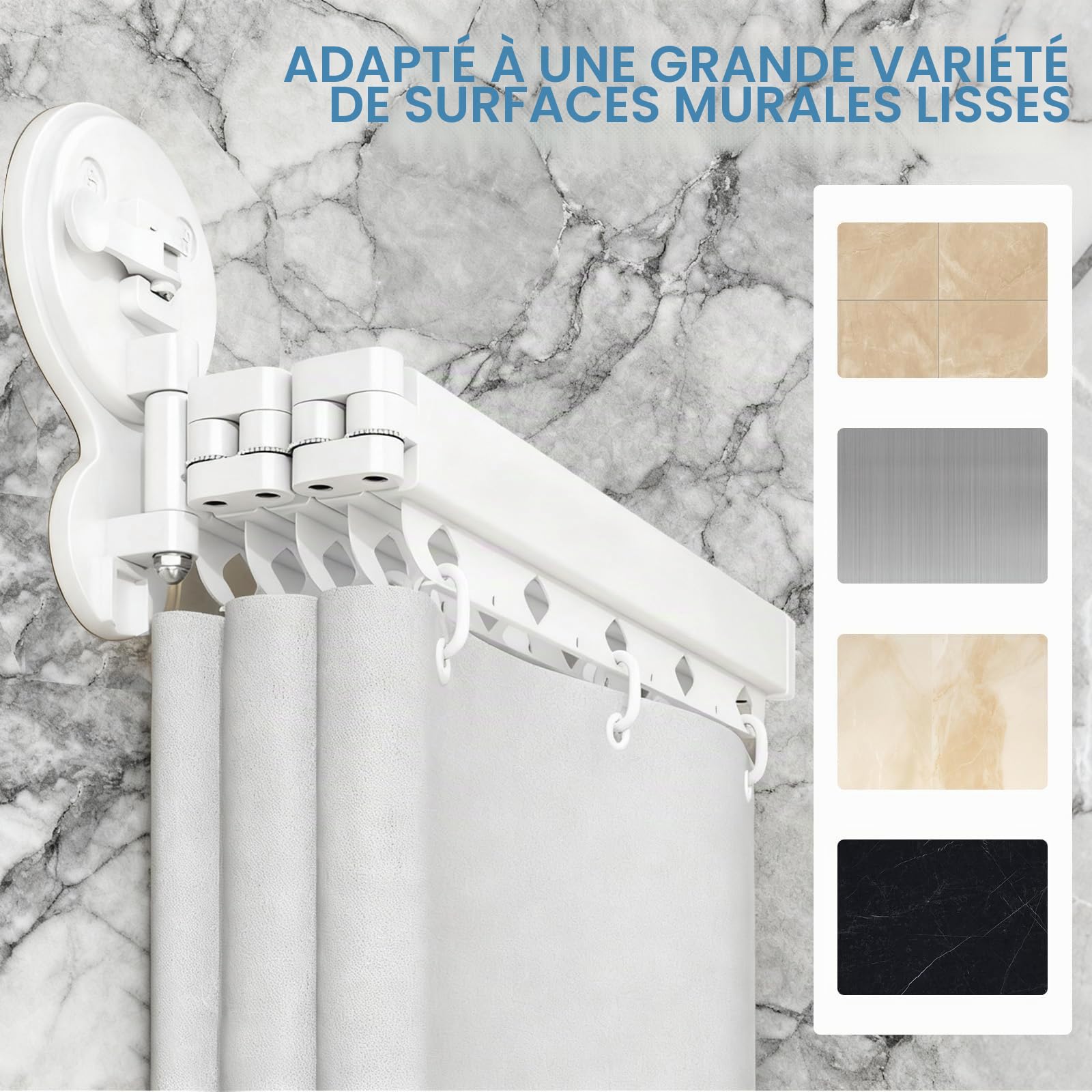 Tringle à rideau de douche pliable à 3 voies de 104 cm pour salle de bain sans perçage - Ventouse puissante - Angle réglable - Séchoir à linge rétractable