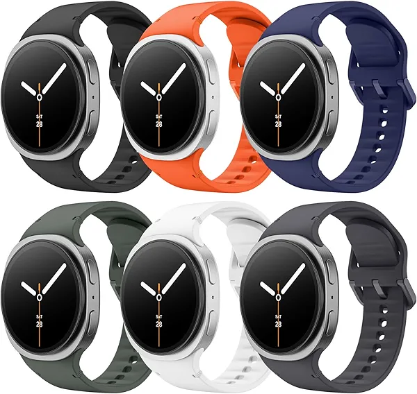 Astorgos 6 Pack Sport Bands Compatible for Samsung Galaxy Watch 8 Band 40mm 44mm/Galaxy Watch 8 Classic 46mm, No Gap Soft Silicone Strap for Men Women, M/L, BLK+WH+SG+AG+MB+O