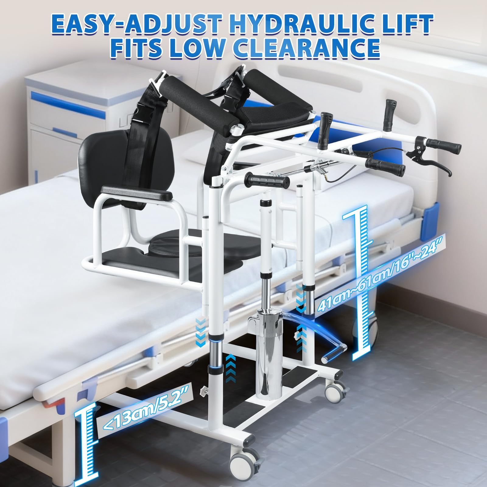 Silla Grua de Transferencia para Discapacitados Pacientes – Elevador Hidráulico con Asiento Dividido 180°, Silla Transferencia Ancianos para Ducha Y WC, 200kg, Altura Ajustable, Frenos