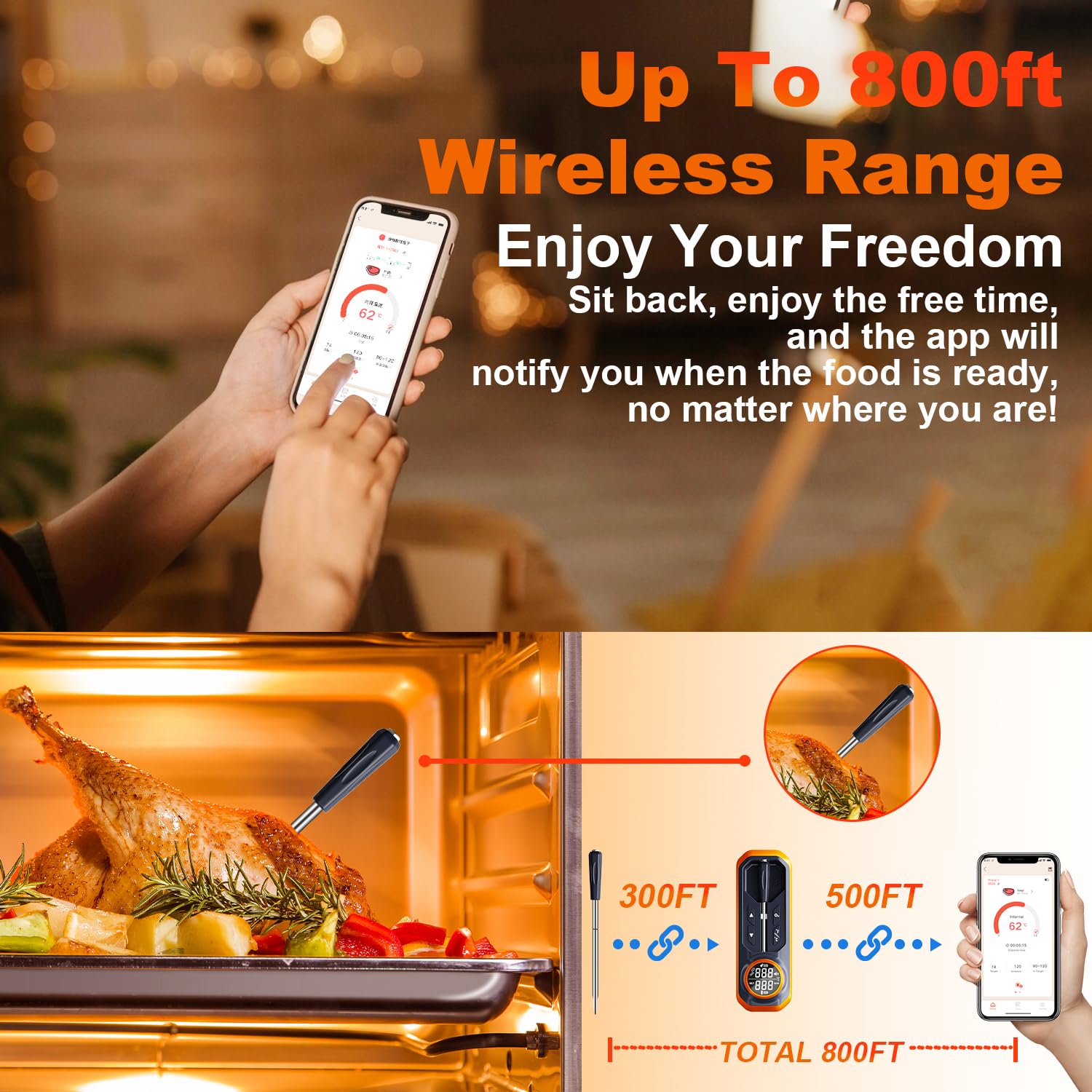 GRAM PRES Termometro per carne senza fili, termometro digitale da cucina con sonda wireless e portata di 500 m, app iOS e Android, temperature preprogrammate per barbecue, forno,
