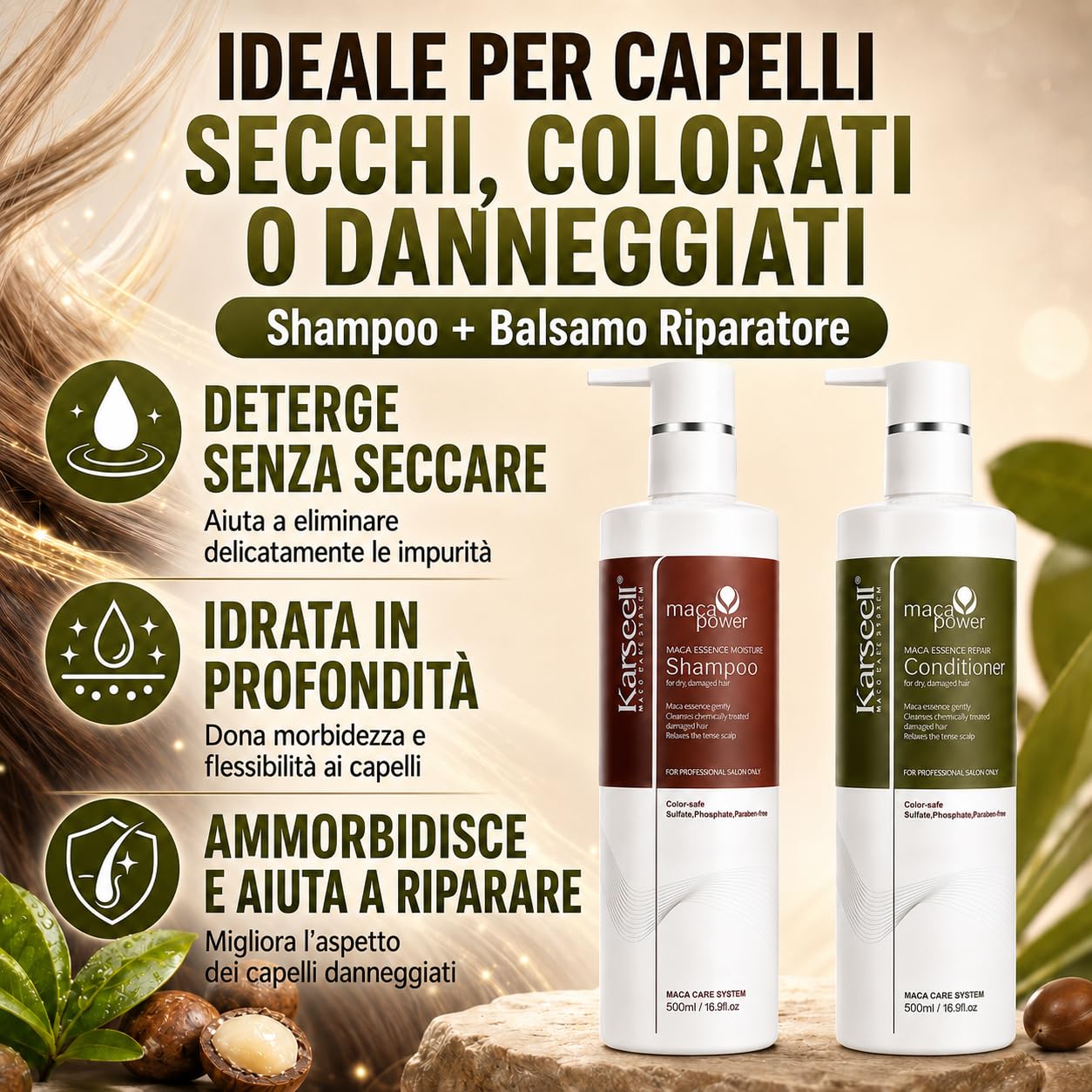 Karseell MACA CARE SYSTEM Set Shampoo Idratante + Balsamo Riparatore Capelli Secchi Danneggiati Colorati Ricci Lisciati Nutriente Anticrespo Collagene Argan Maca Professionale Senza Solfati 2x500ml