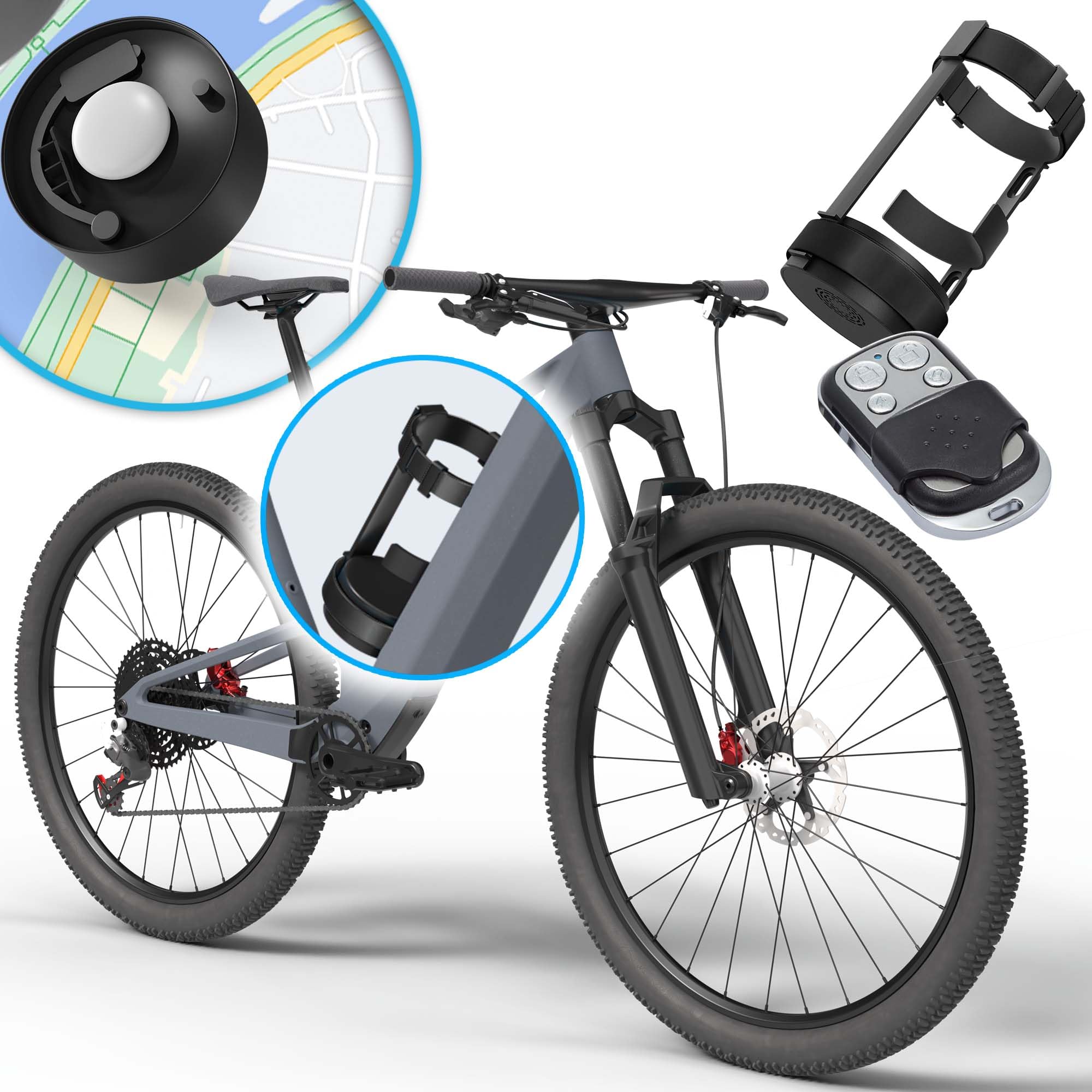Parkwächter B1 Fahrrad Alarmanlage mit Flaschenhalter – AirTag Halterung, IP55 wasserdicht – Alarmanlage Fahrrad Diebstahlschutz – für E-Bike und Citybike – Schwarz