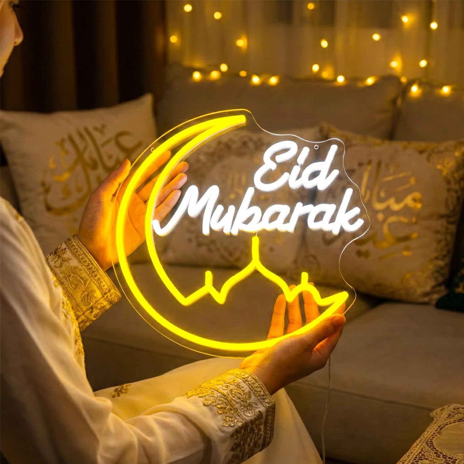 Eid Mubarak Neon Sign with Dimmer – LED Ramadan & Eid Decor Light,USB Powered Islamic Neon Wall Sign for Home,Party,Mosque & Celebration