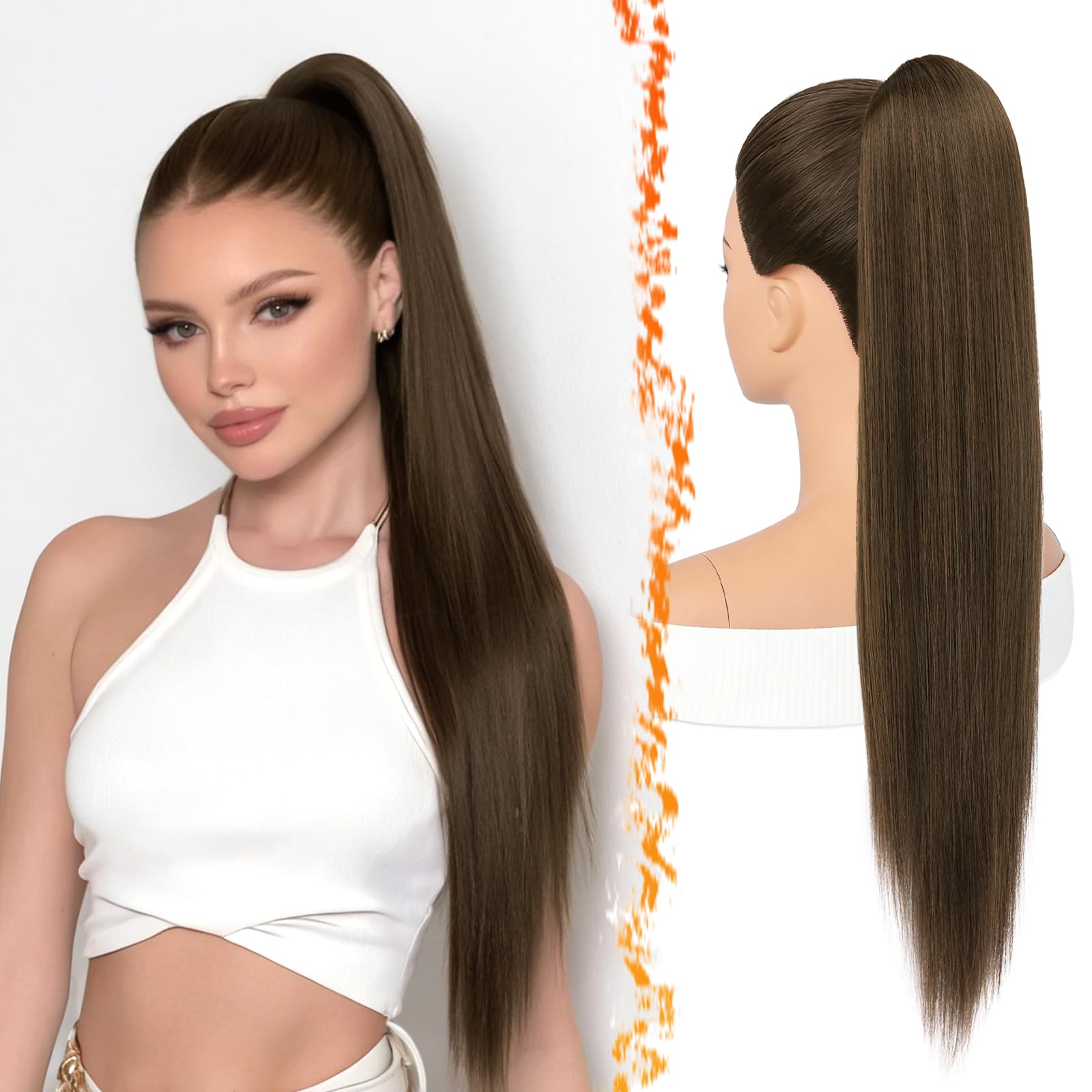 BARSDAR Liso Coleta Postiza Extensiones Pelo, 40cm Corta Liso Marrón Oscuro Cola de Caballo Extension con Cordón Natural Sintética Cheer Posh Ponytail Extensiones Postizos Fiestas Cheer Competition — view 15