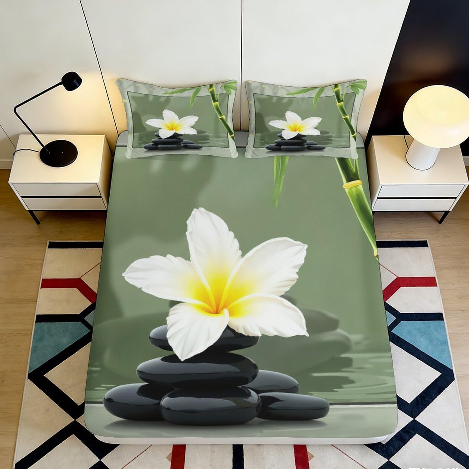 3D Printed Spa Zen Stone Flower Fitted Sheet Microfiber Anti-Slip Bed Cover for Bedroom Dorm Easy Care 90x200x25cm