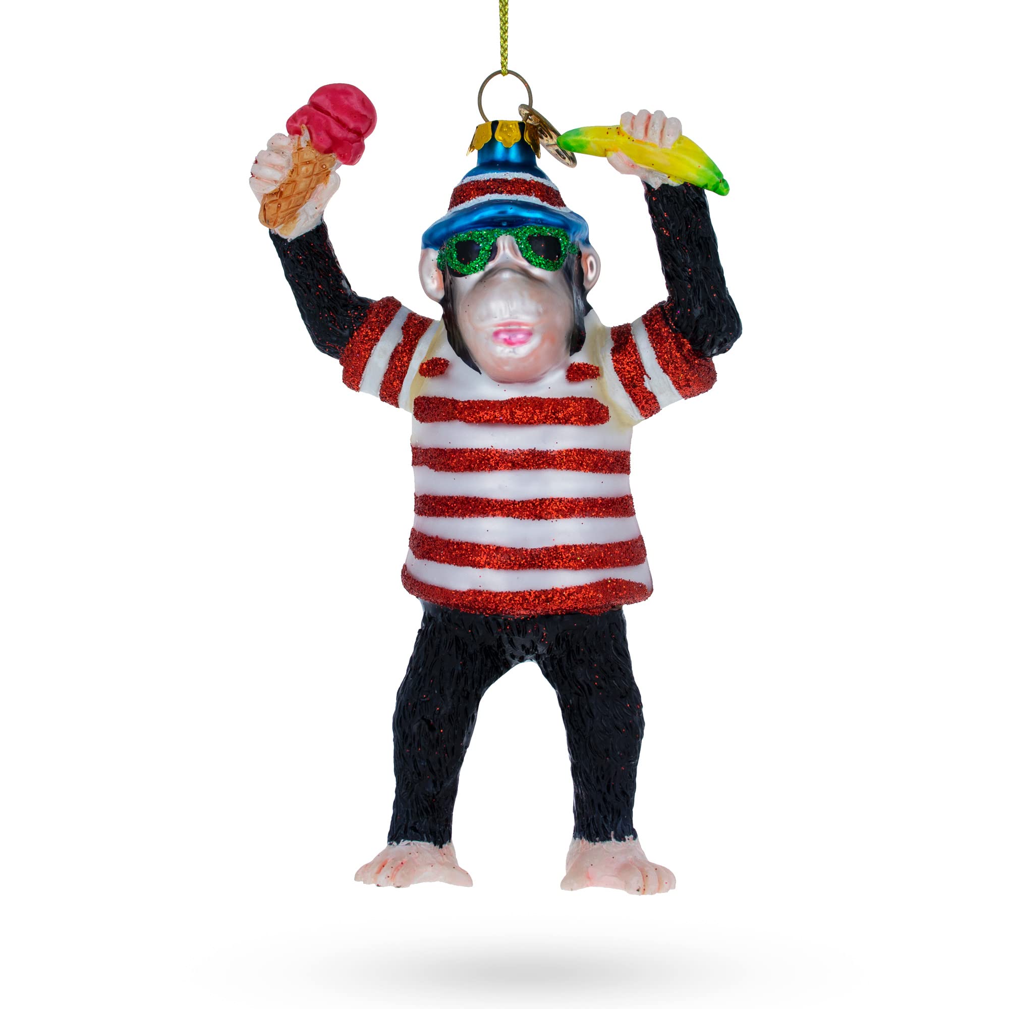 Monkey with Banana and Ice Cream Glass Christmas Ornament