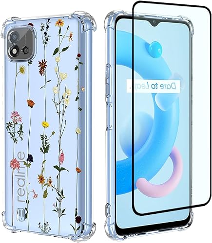 Funda para teléfono para Realme C20 y Realme C20ARealme C11 2021 RMX3063 con protector de pantalla, funda transparente con patrones de jardín de