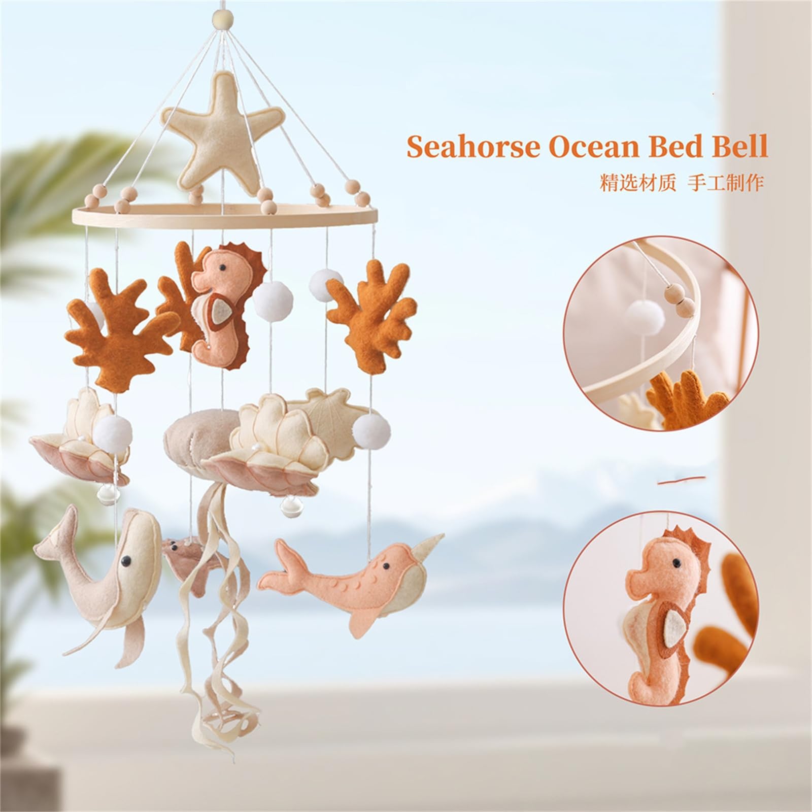 Herfair Meerestiere Mobile Baby Windspiele mit Filzbällen, Walen, Muscheln, Korallen und Seepferd Baby Windspiele, Neugeborene Jungen Mädchen Anhänger (Rosa)