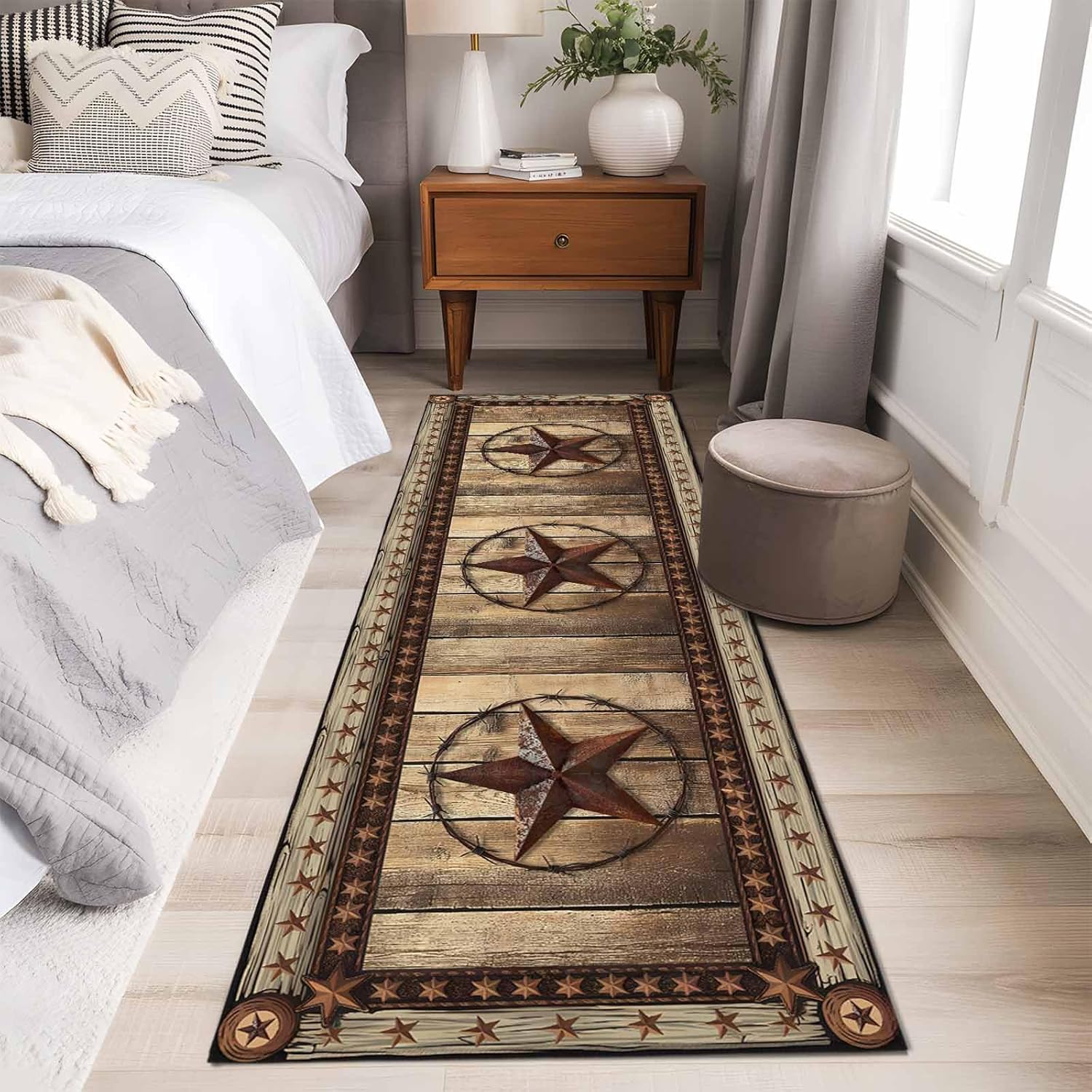 Texas Star Runner Rugs 2x6 ft Farmhouse Country Star Wood Grain Washable Hallway Rugs Non-Slip Floor Mats Absorbent Carpet Bedside Runners for Bedroom Kitchen Bathroom Laundry Room