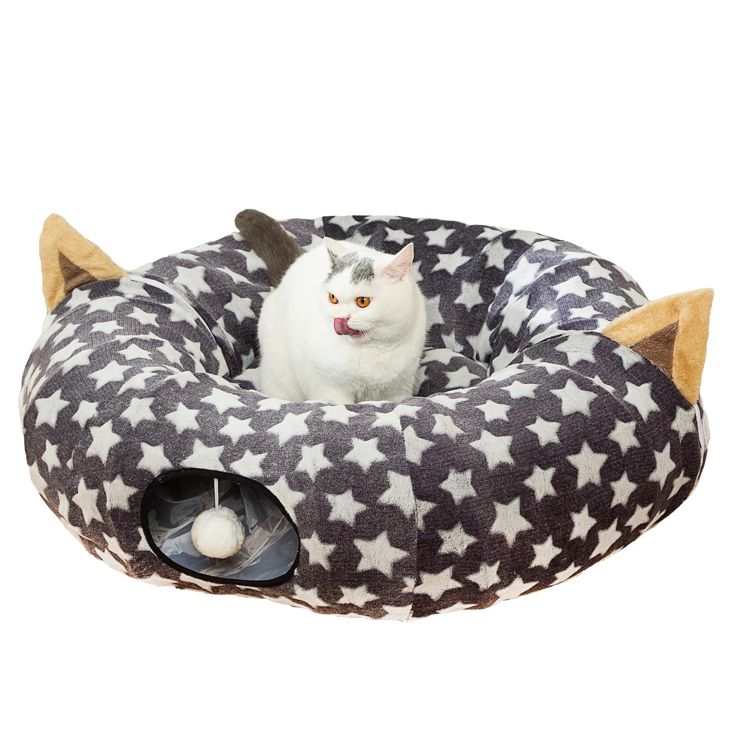 LUCKITTY Large Cat Tunnel Bed Under Christmas Tree with Fluffy Toy Balls, Small Cushion and Flexible Design- 10 inch Diameter, 3 ft Length- Great for Cats, and Small Dogs, Gray Star Pattern