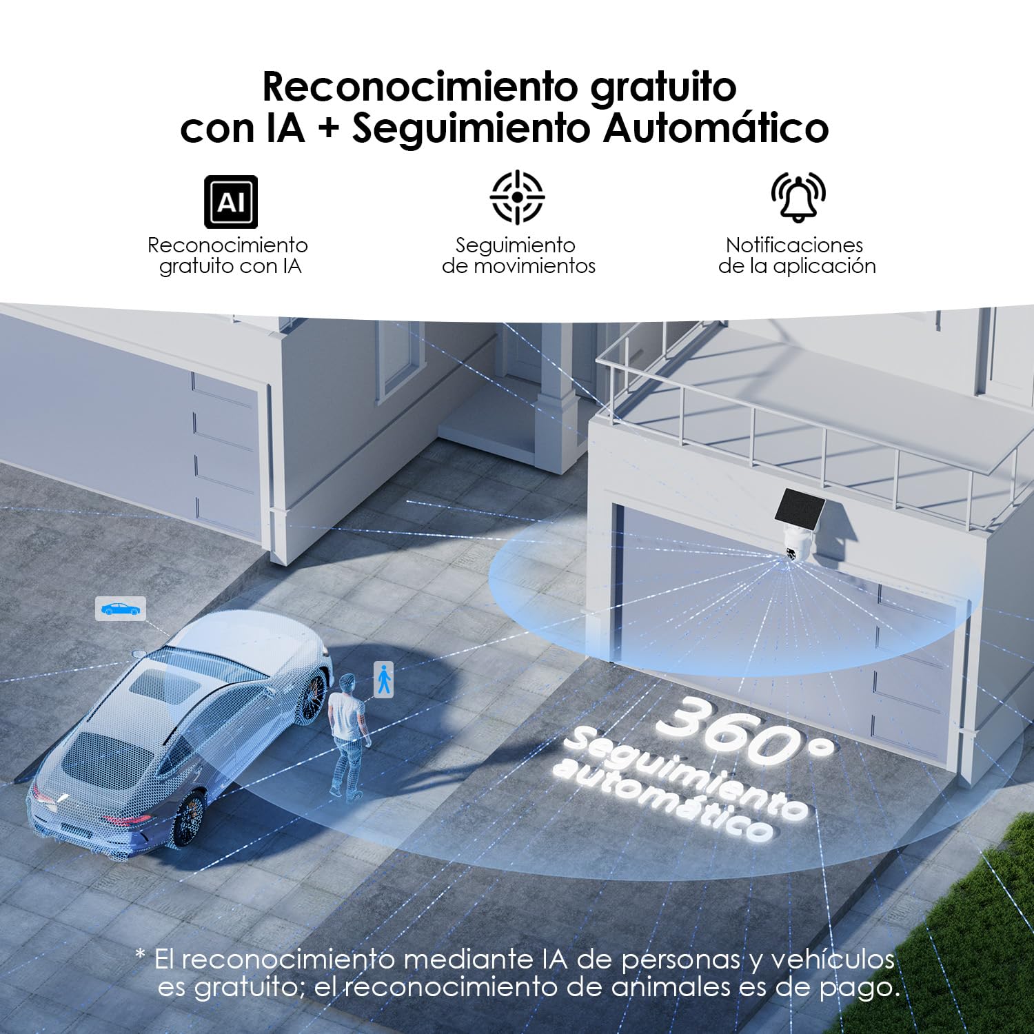 CZEview Todo en 1 Camara Vigilancia WiFi Exterior Solar con Batería, sin Cable, Seguridad Camaras Vigilancia Domicilio WiFi, Humana/PIR Sirena, Visión Nocturna Color, IP65 (2K Blanco 2a Gen)