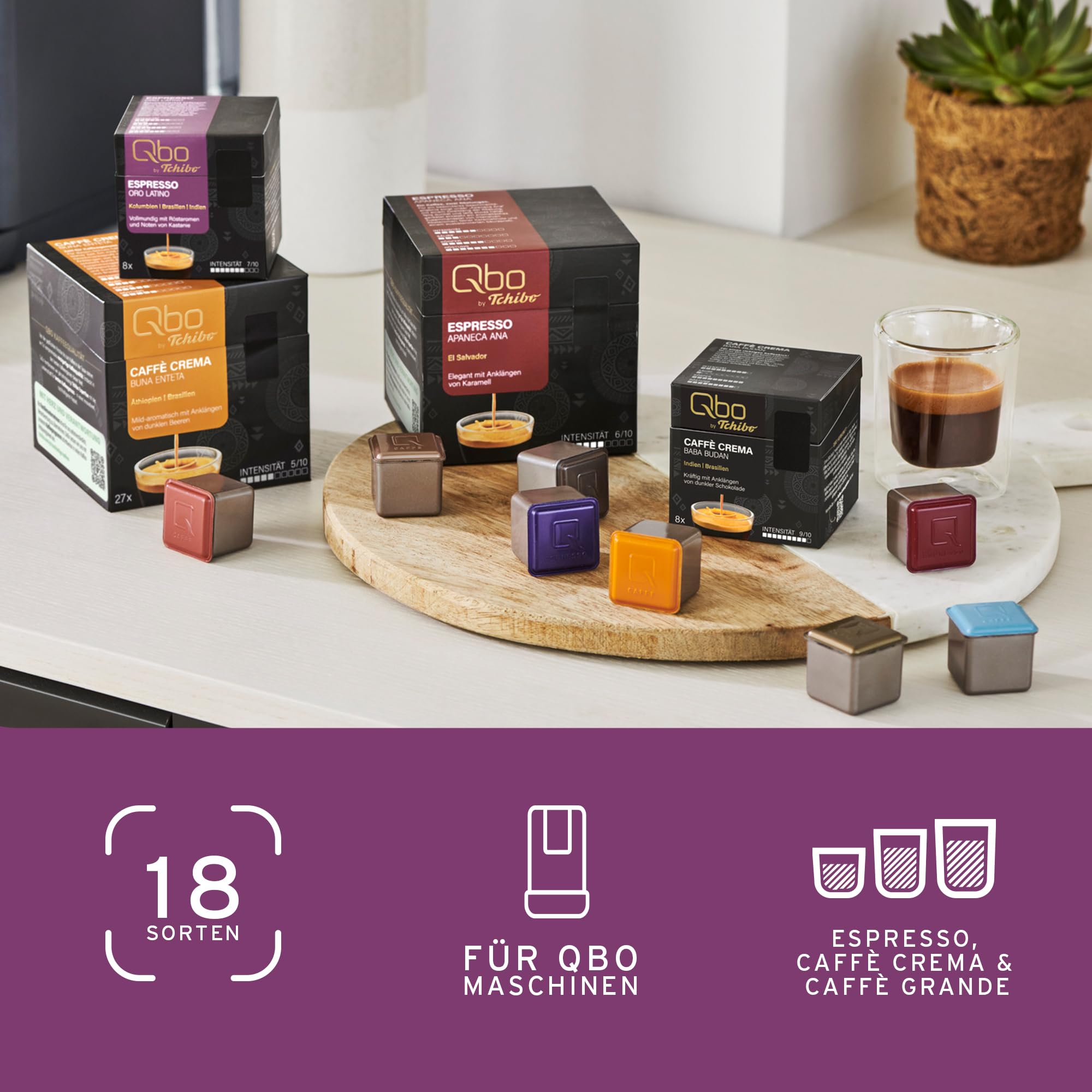 Tchibo Qbo Caffè Crema Minas Verde Premium Kaffeekapseln, 81 Stück - 3x27 Kapseln (Caffè, Intensität 8/10, vollmundig und würzig), nachhaltig & aus 70% nachwachsenden Rohstoffen¹