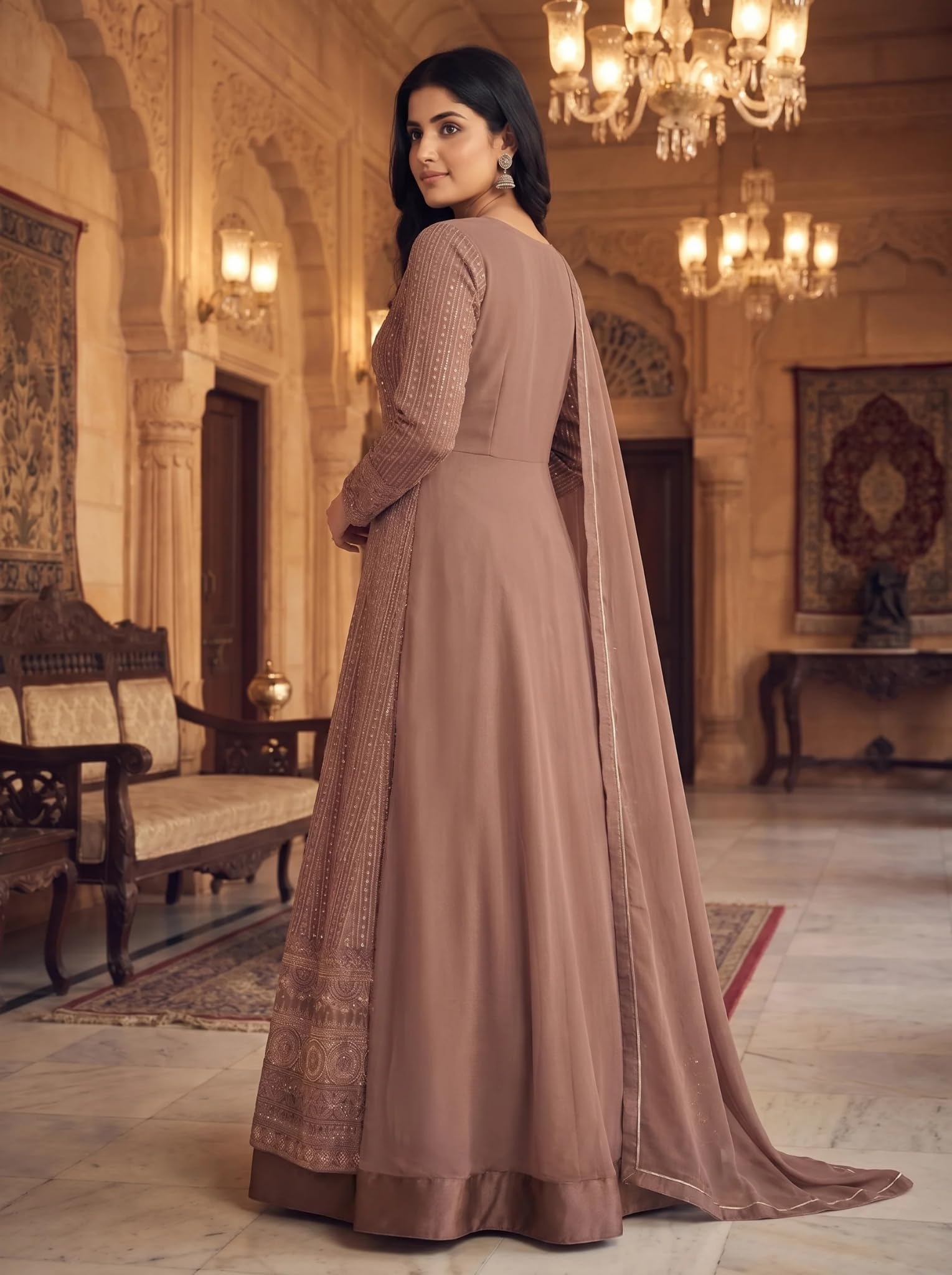 RUDRAPRAYAG Anarkali Georgette and Santoon Gown for Women Peach 1