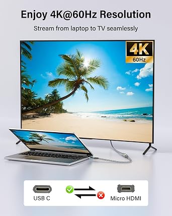 USB C to Micro HDMI Cable 6ft, 4K 60Hz 18Gbps Braided Aluminum for USB C Devices- Samsung Freestyle/ASUS XG17AHP/M80B/Odyssey G8 OLED, Portable Monitor (Source-to-Display)