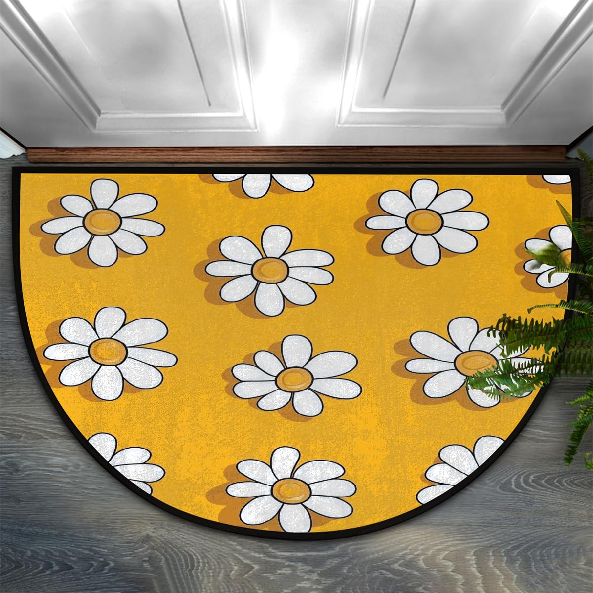 Mexpekil Half Round Door Mat, Yellow Daisy Floral Non-Slip Semi Circle Area Rug for Front Door Hallways Entrance, Washable Indoor Outdoor Doormat