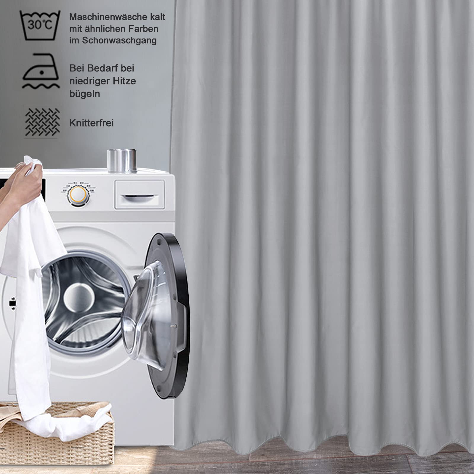 EurCross Cortina de ducha de 180 x 180 cm, tela gris, antimoho, de poliéster, resistente al agua y de secado rápido, lavable con 12 anillas